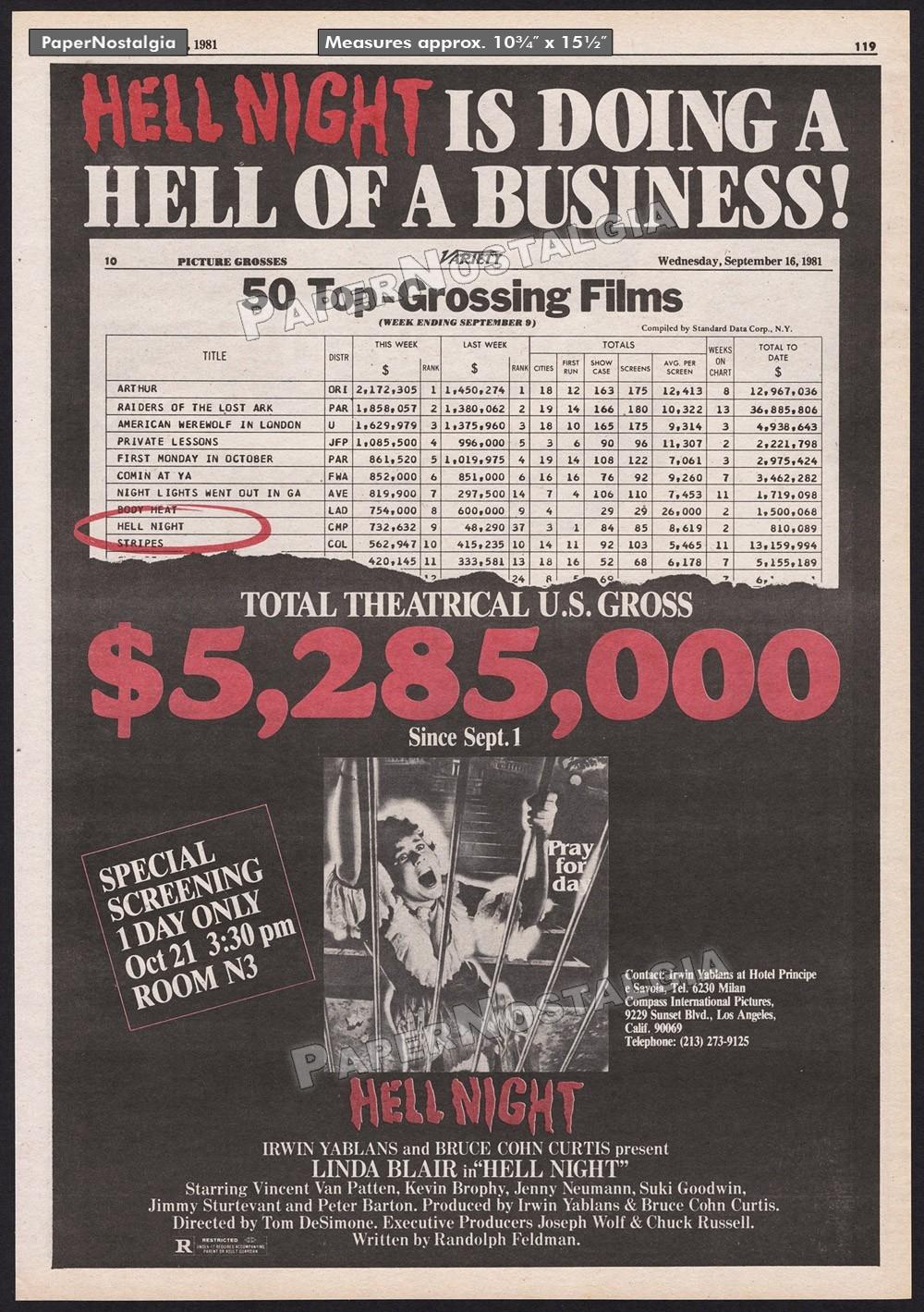 HELL NIGHT – Original 1981 Trade AD / poster – Special Screening – Linda Blair