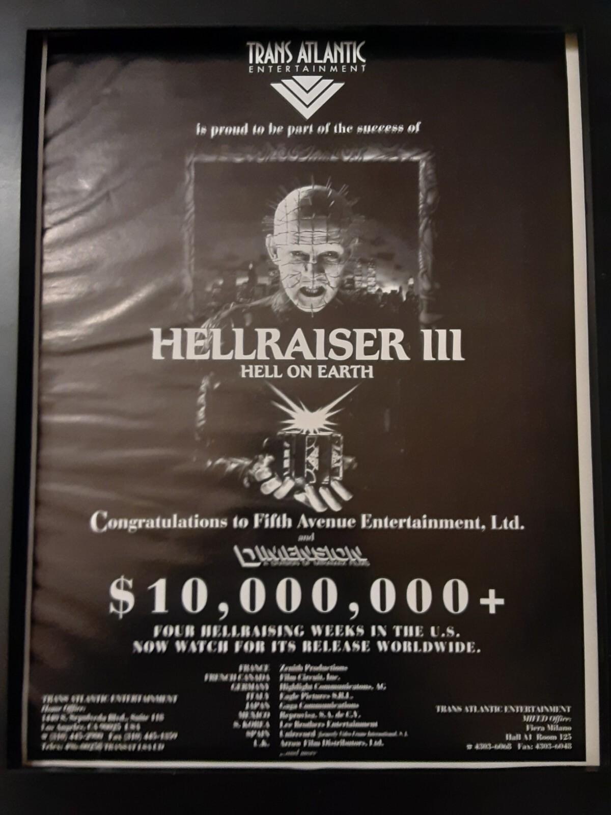 Hellraiser III Rare Original Promo Poster Ad Framed!
