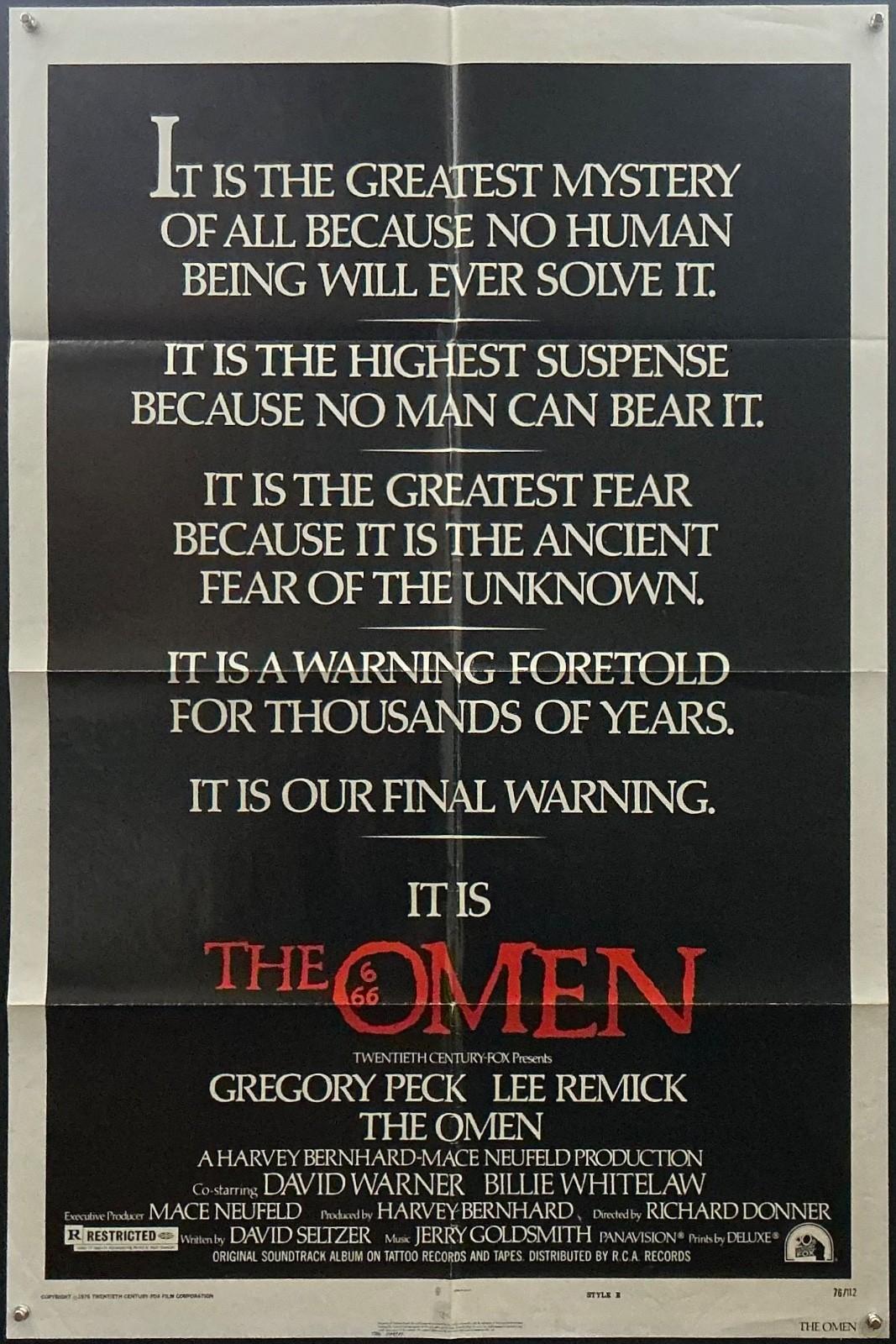 The Omen Original 1976 Horror Film Poster 27 x41 One Sheet Style E Peck Remick