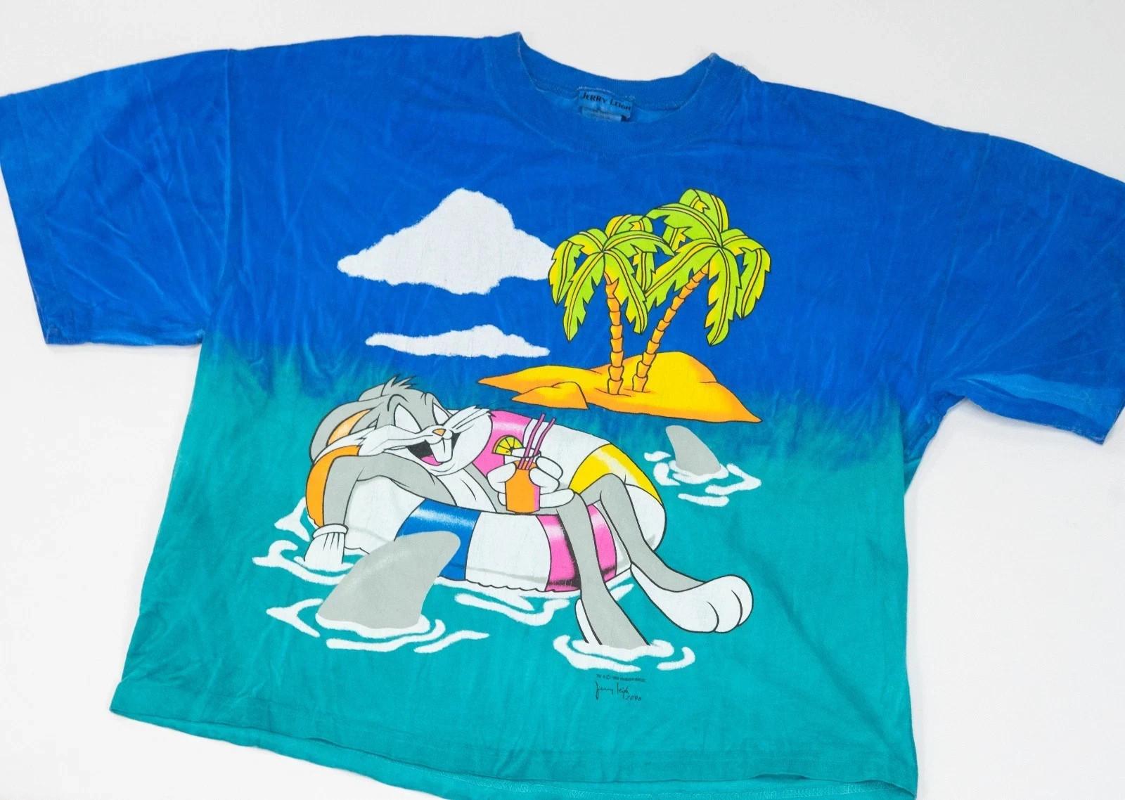 VTG Looney Tunes 90s Bugs Bunny AOP Promo Tee L Beach Tie Dye Jerry Leigh RARE