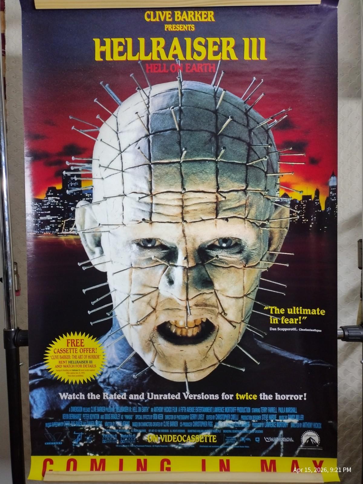 HELLRAISER III Hell On Earth 27"x41" PROMO POSTER ©1993 ~ Clive Barker ~ Pinhead