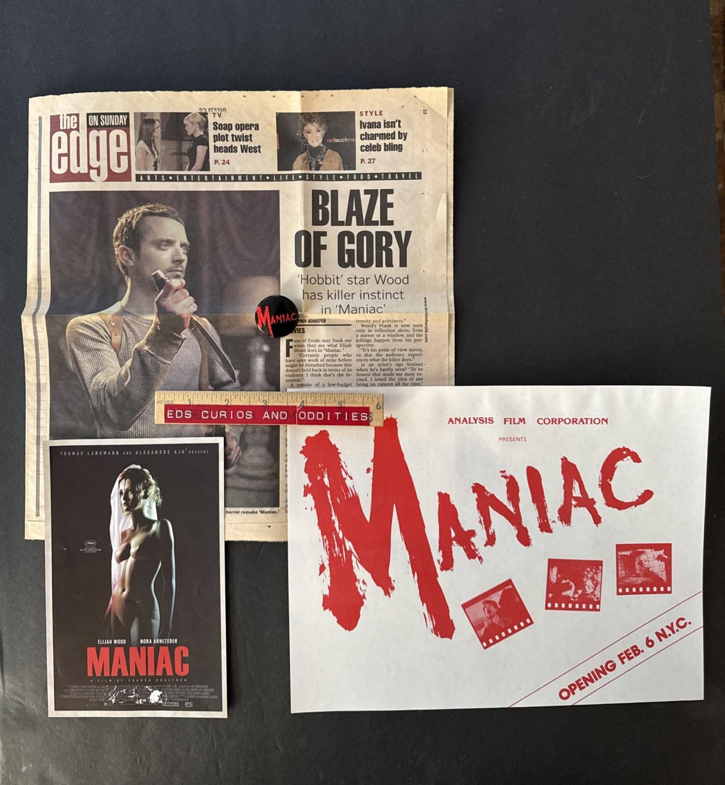 HTF MANIAC LOT - 1980 Orig AD & Pin Spinell/Lustig & 2012 REVIEW & PROMO E. Wood