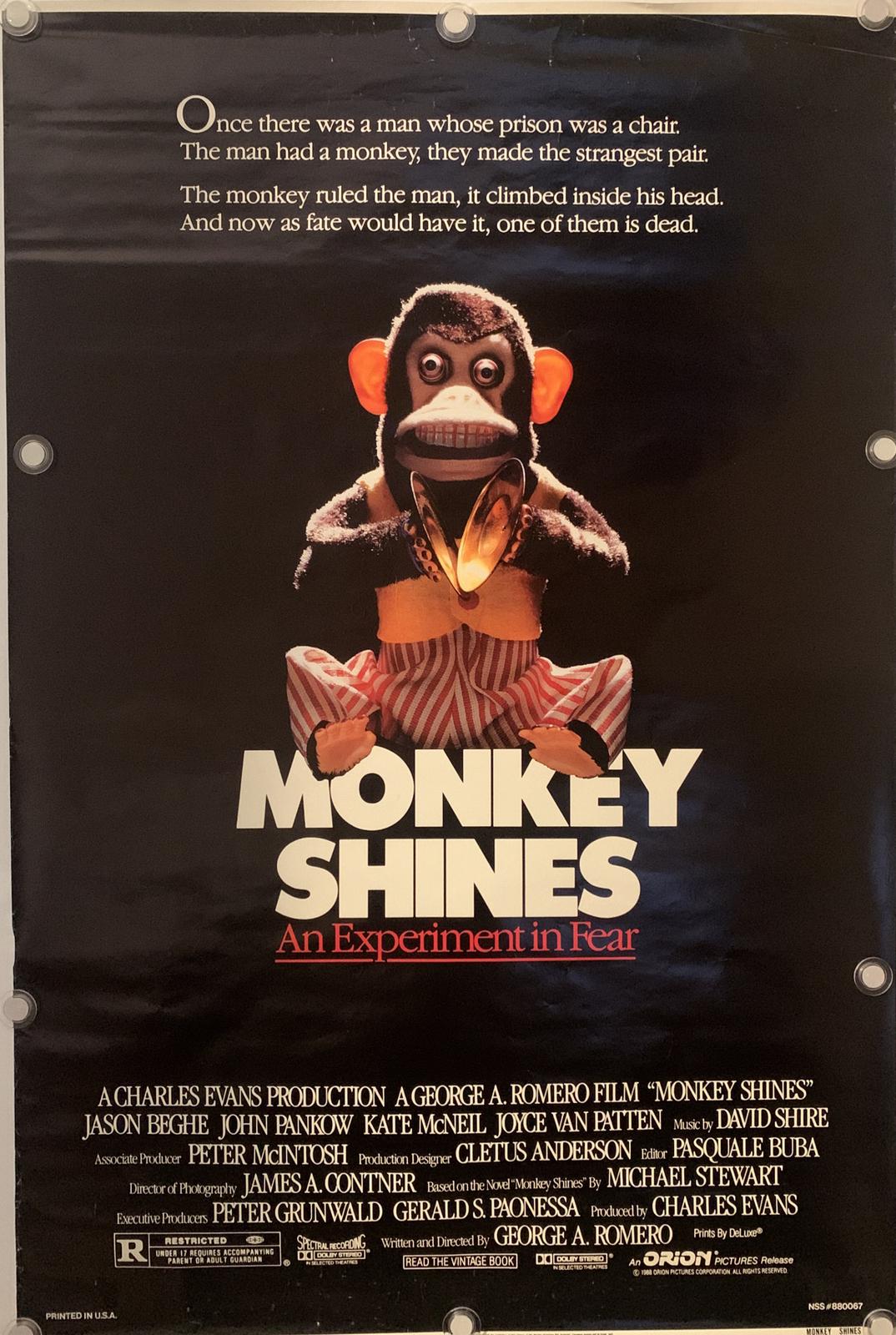 MONKEY SHINES Original One Sheet Movie Poster - 1988 - ROLLED!