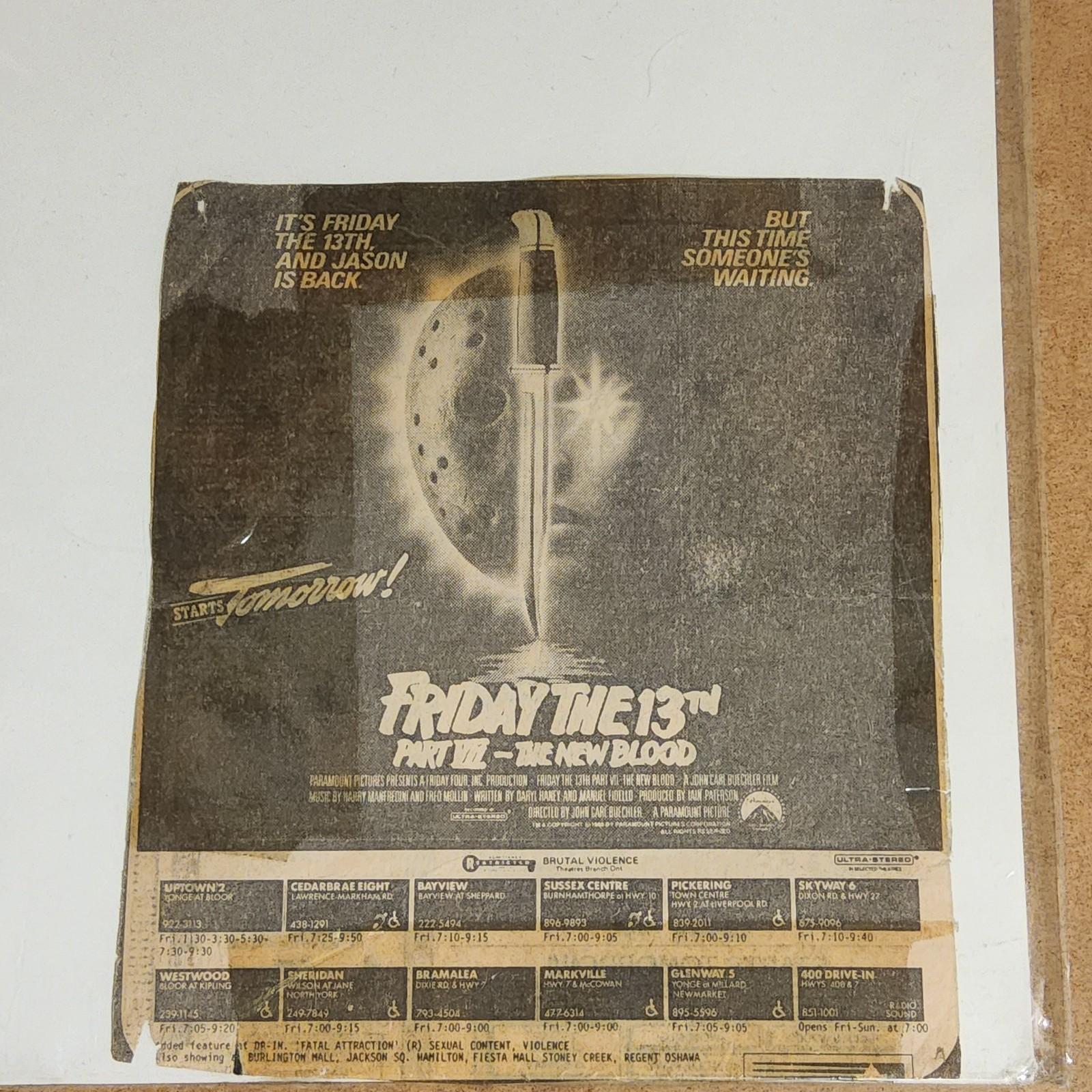 "FRIDAY THE 13TH PART VII THE NEW BLOOD" NEWSPAPER AD. 1988.