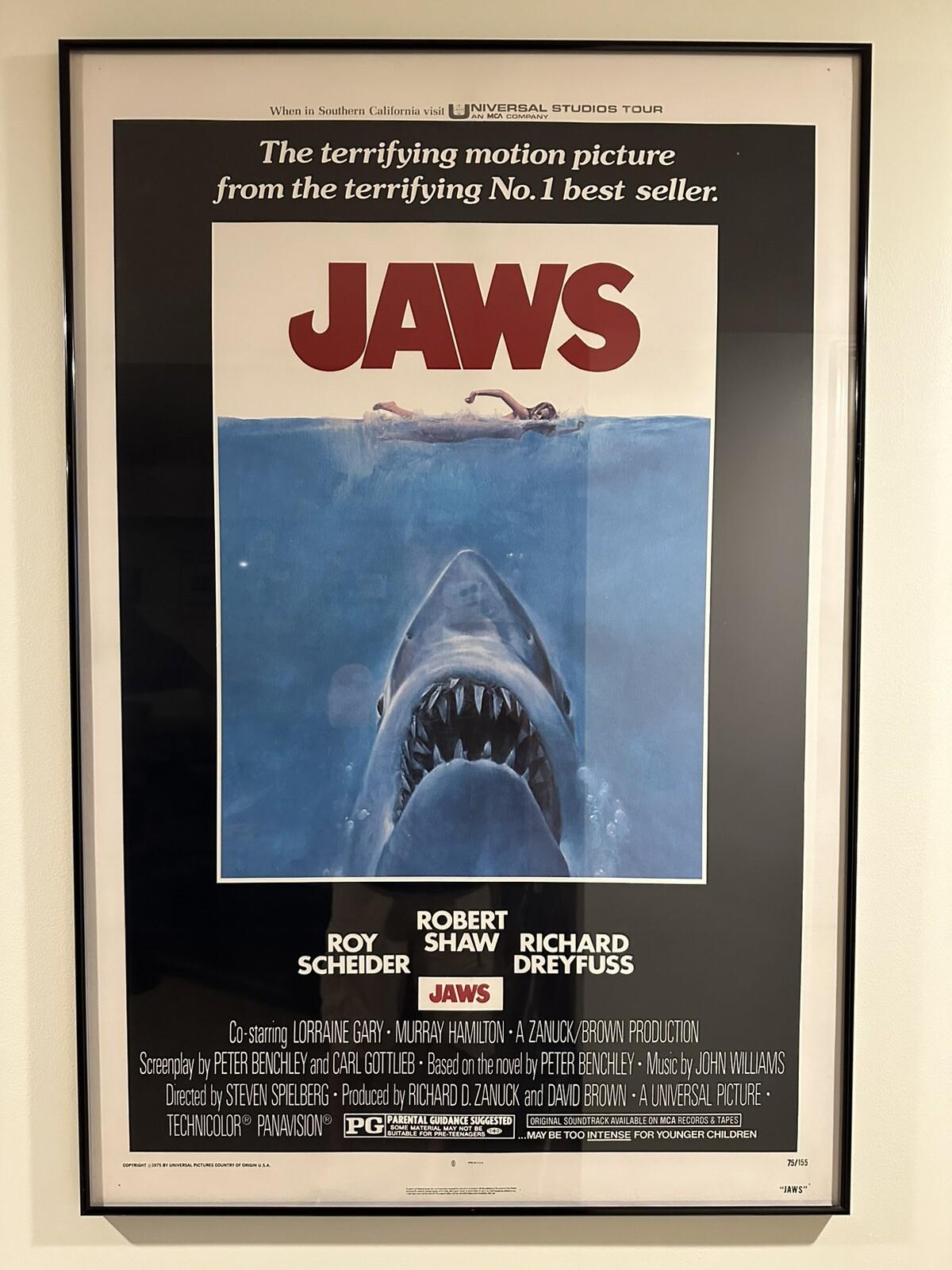 JAWS RARE ORIGINAL MOVIE Film POSTER SHARK HORROR 1975 Linen Backed & Framed