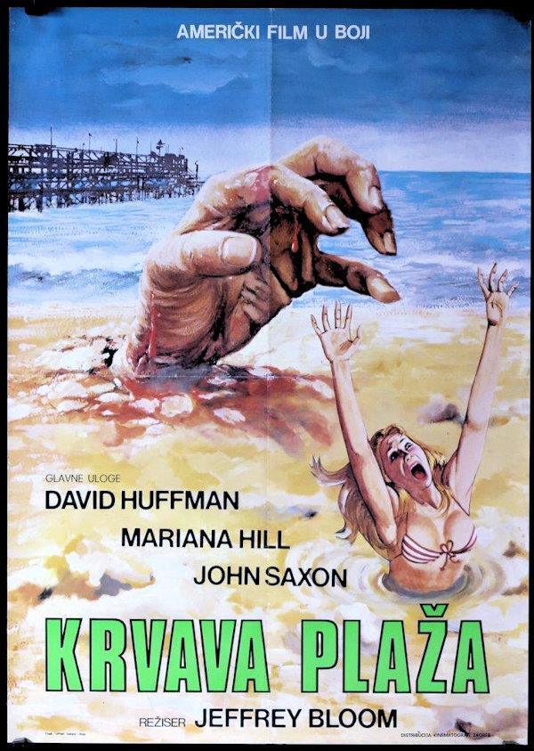R294 .....  BLOOD BEACH Yugoslavian 1980 huge hand & sexy girl in bikini sinking