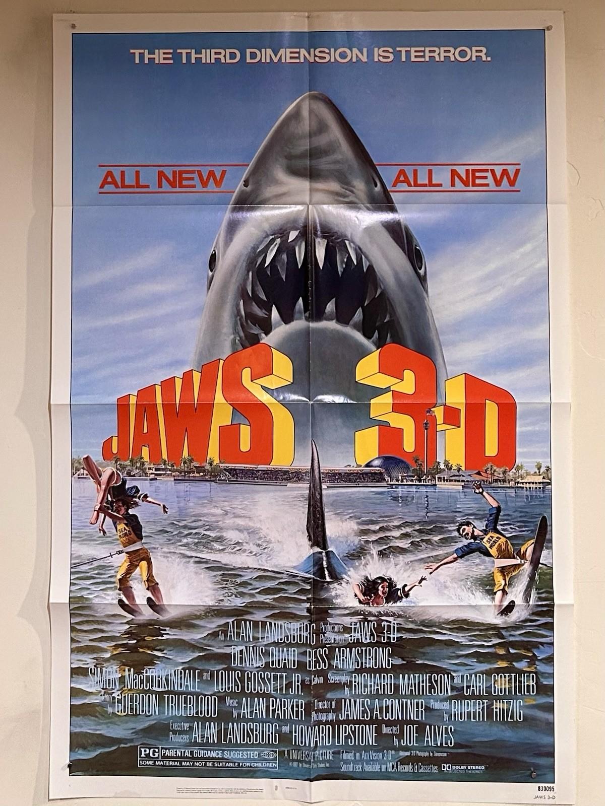 Vtg. JAWS 3-D 1983 Shark Horror Original Movie Poster 27 x 41 NM