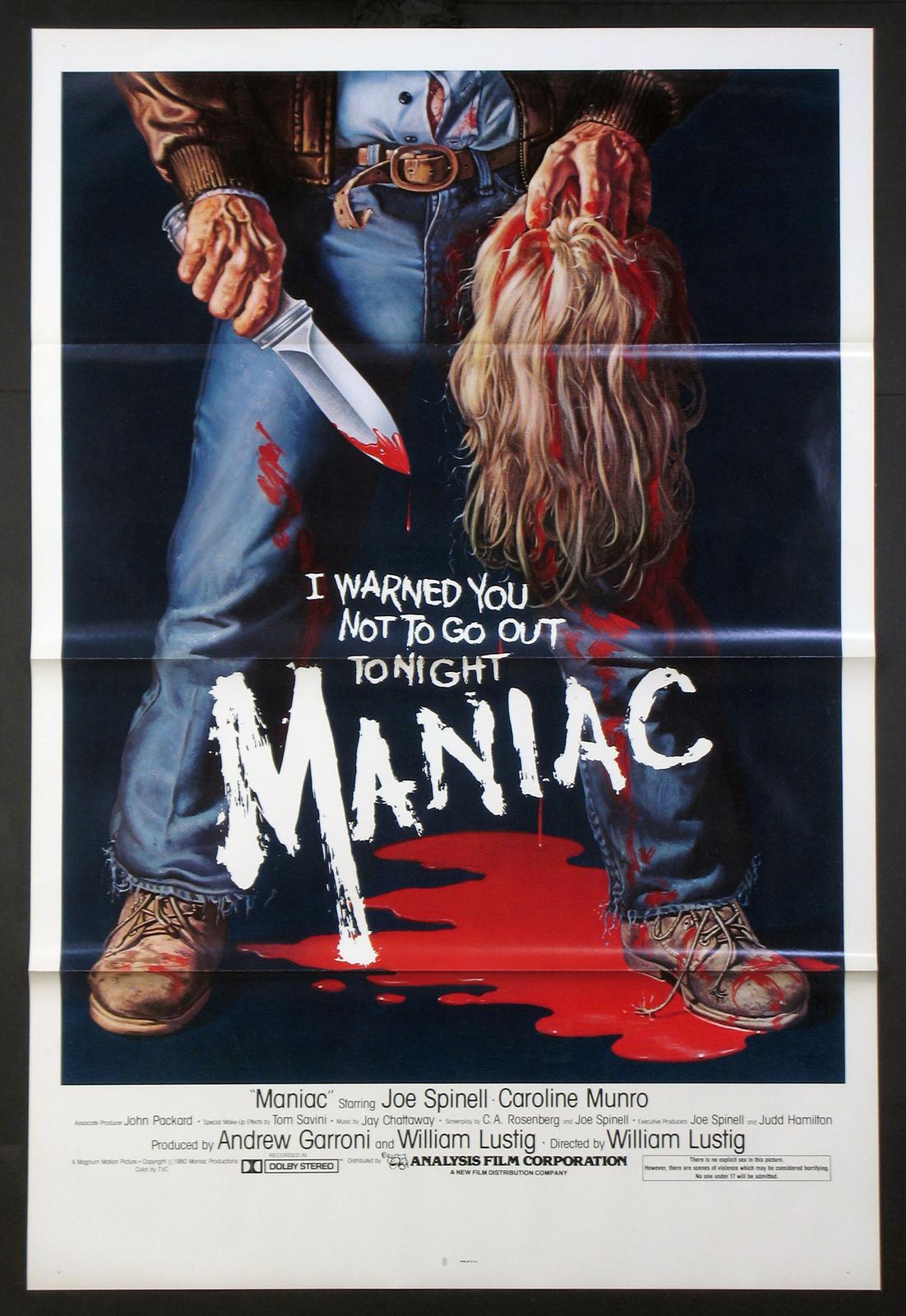 MANIAC JOE SPINELL CAROLINE MUNRO LUSTIG SLASHER HORROR 1980 1-SHEET NEAR MINT
