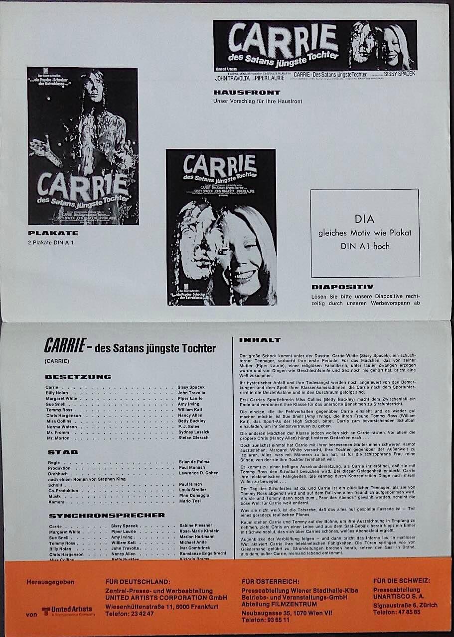CARRIE German movie Pressbook BRIAN DE PALMA SISSY SPACEK 1976 NM