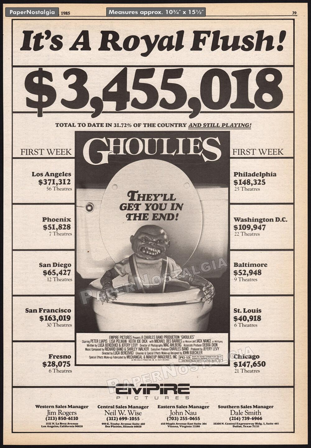 GHOULIES - Original 1985 box office Trade AD / poster _ Charles Band _Empire