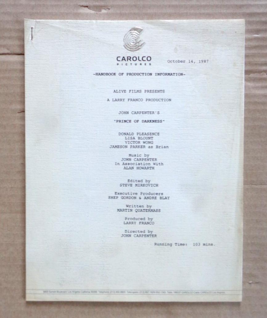 PRINCE OF DARKNESS 1987 press kit Handbook of Production Information ONLY