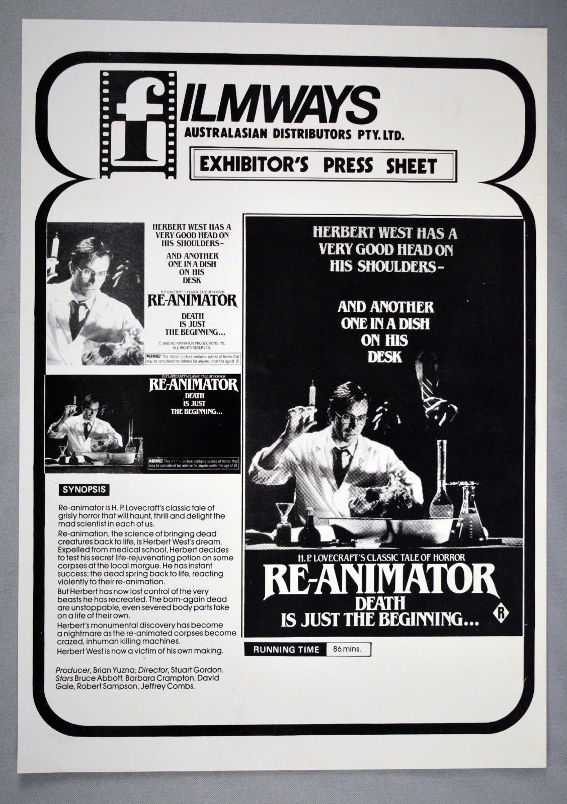 RE-ANIMATOR Jeffrey Combs LOVECRAFT SCI-FI HORROR AUS PRESS SHEET 1985