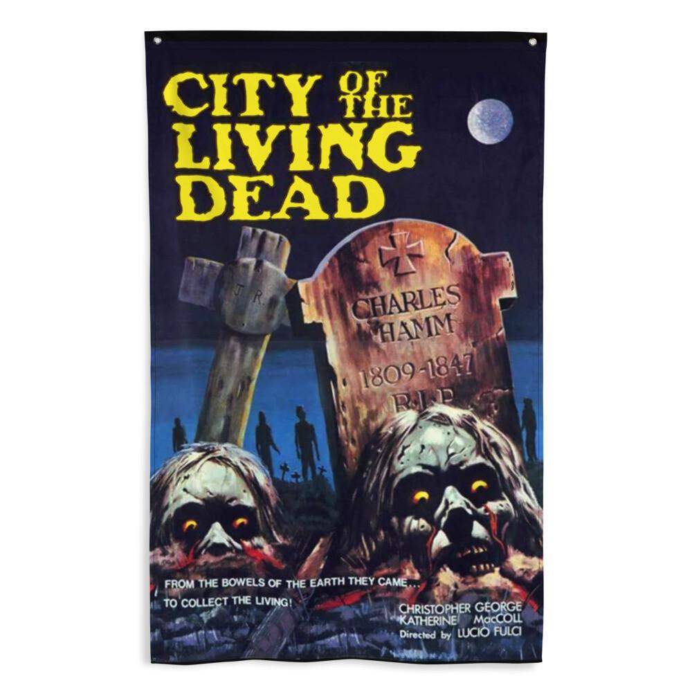 CITY OF THE LIVING DEAD - 34"x 56" TEXTILE WALL FLAG Vintage Horror Zombies 