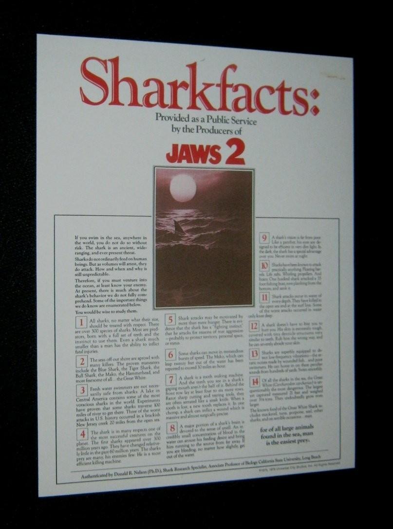 Original JAWS 2 Press Kit Supplement SHARK FACTS