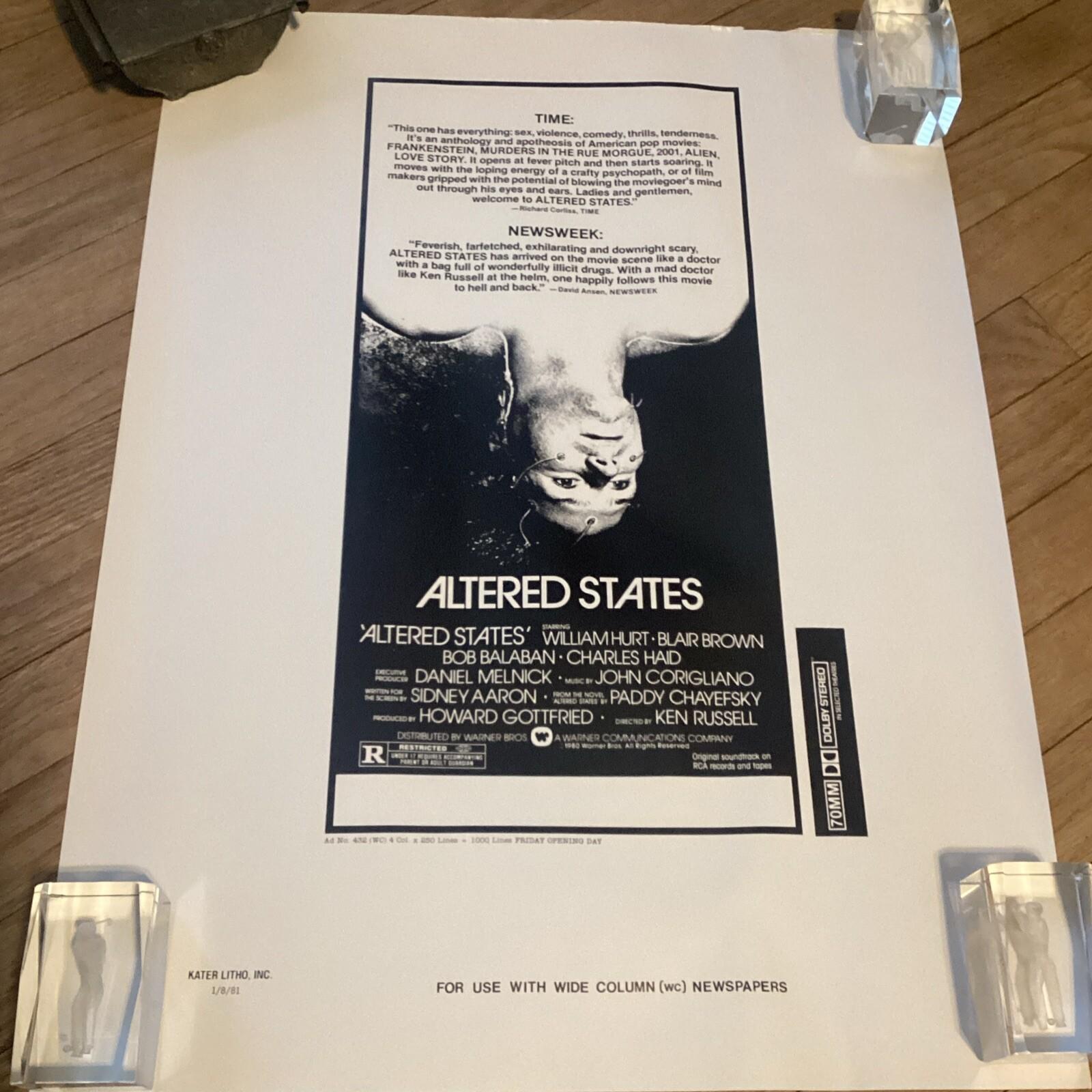 Original 1981 Altered States 24x18in Advertising Movie Poster *RARE*