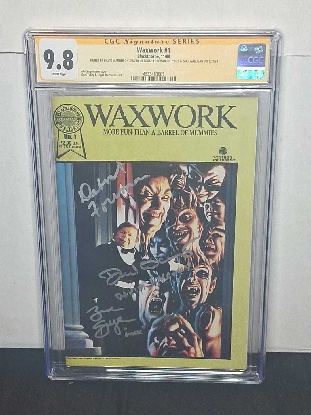 SIGNED BY DAVID WARNER, ZACH GALLIGAN, DEBORAH FOREMAN WAXWORK #1 CGC 9.8 1988