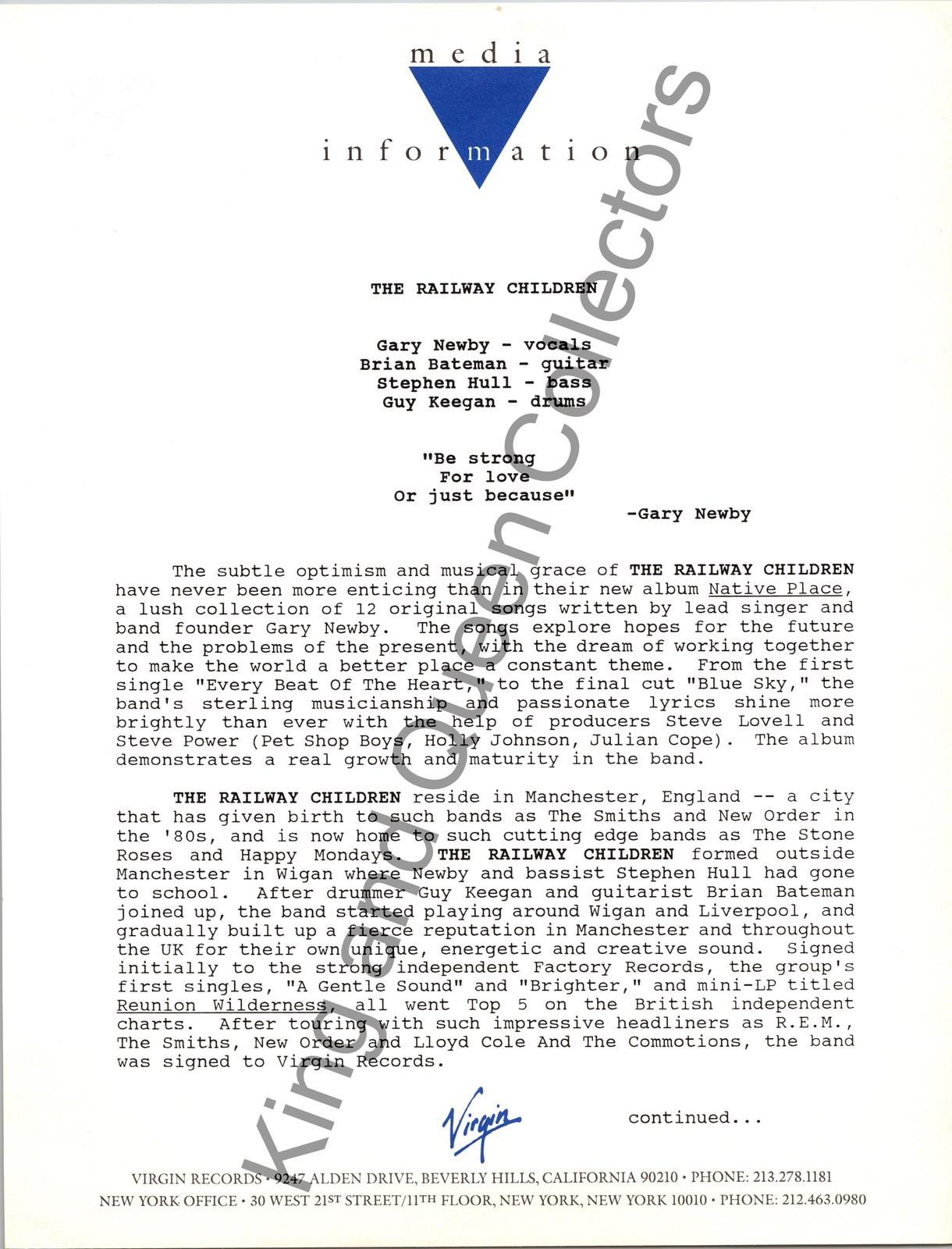 The Railway Children 1989 Original Virgin Records Press Kit Press Release