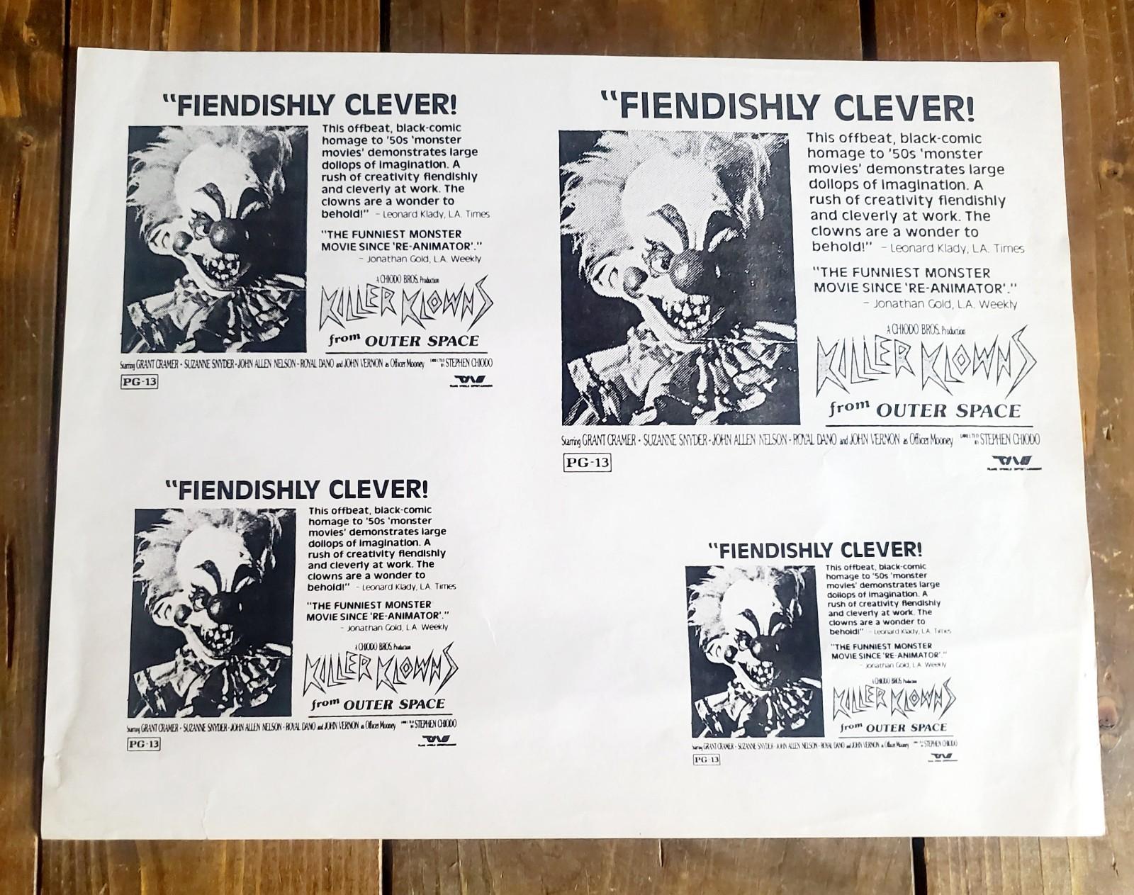 1988 "KILLER KLOWNS FROM OUTER SPACE" Orig Cult Favorite MOVIE THEATER AD SHEET 