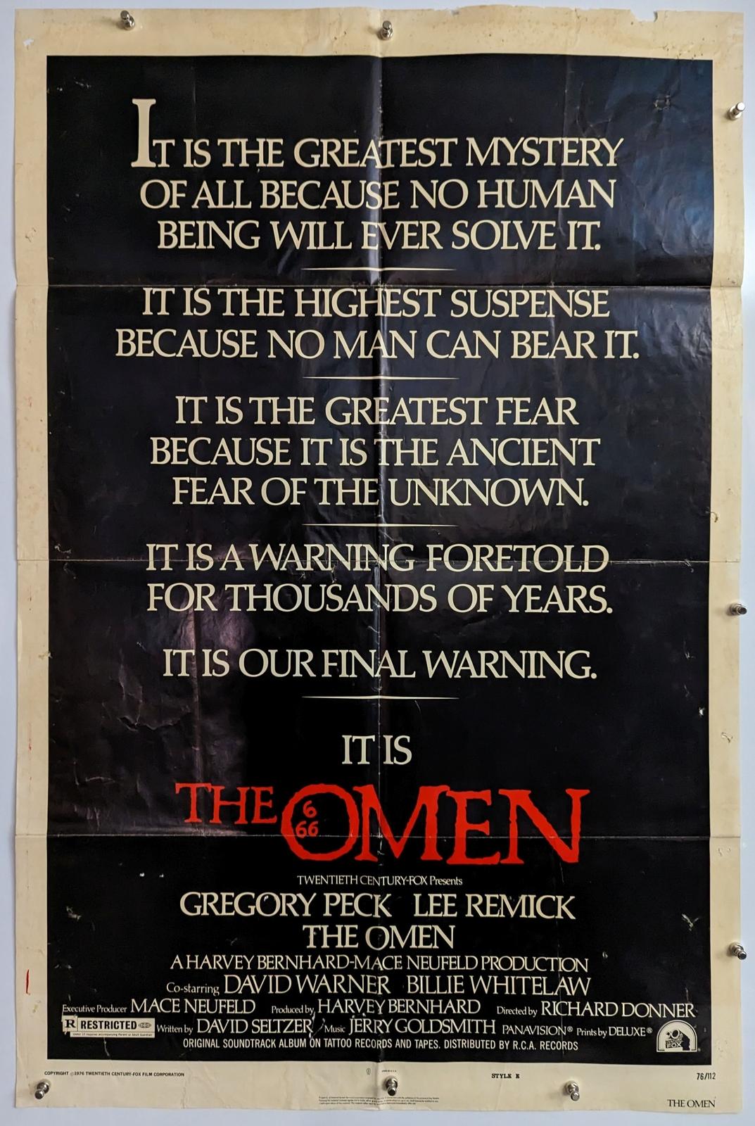 "The Omen" Original Vintage 1976 Style E Movie Poster Gregory Peck, Lee Remick