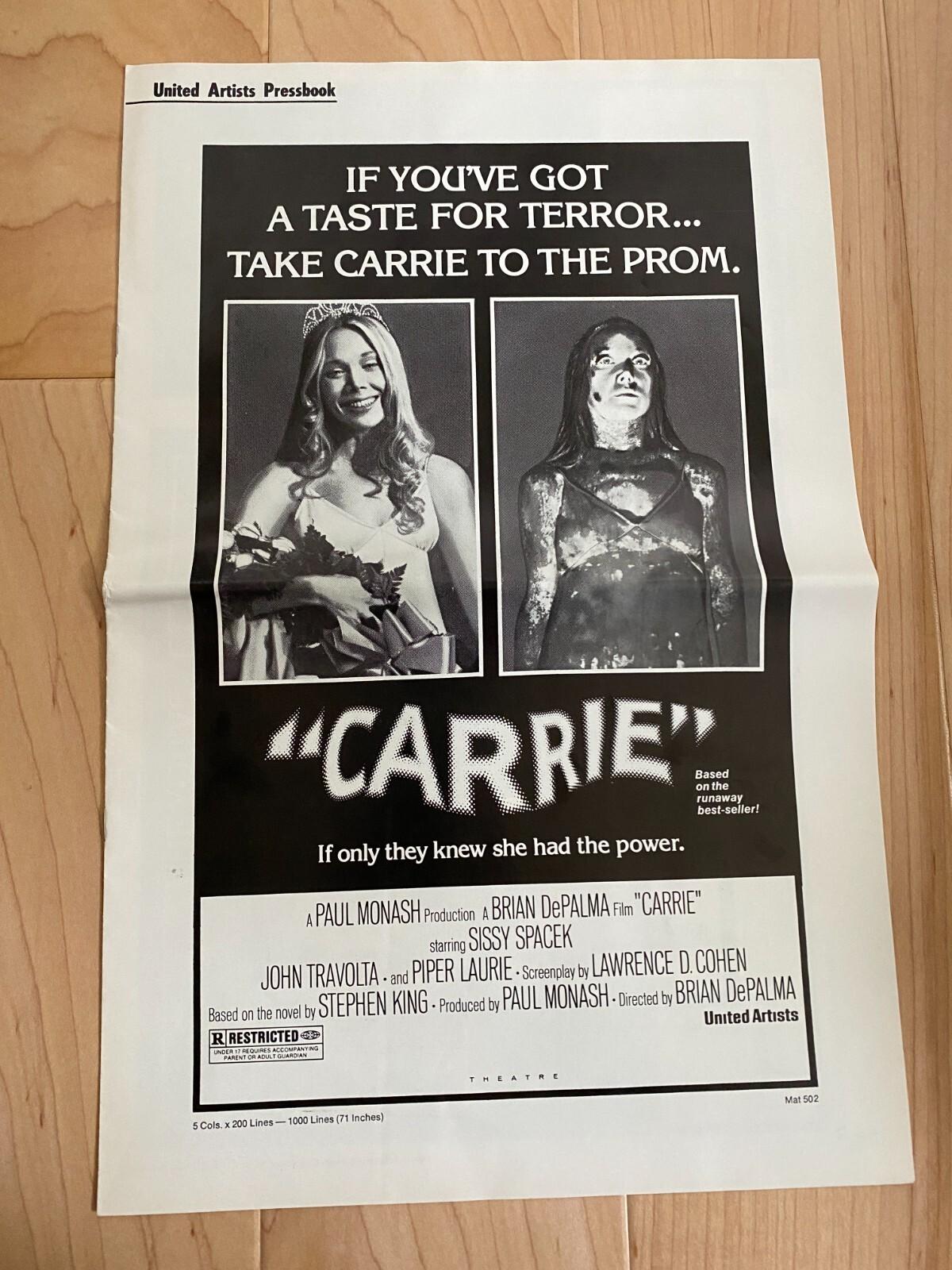 STEPHEN KING CARRIE PROMOTIONAL ADVERTISING FILM UNITED ARTISTS PRESSBOOK