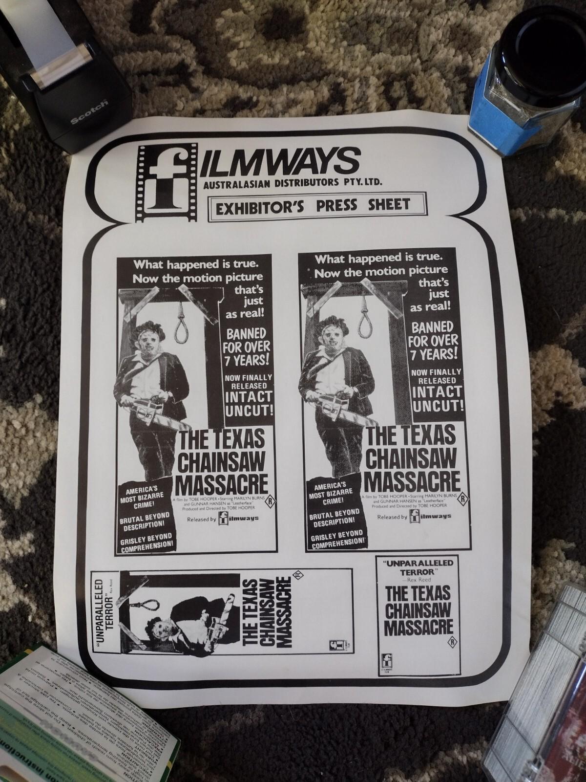 Original Texas Chainsaw Massacre Filmways Press Sheet Australian Release 1984