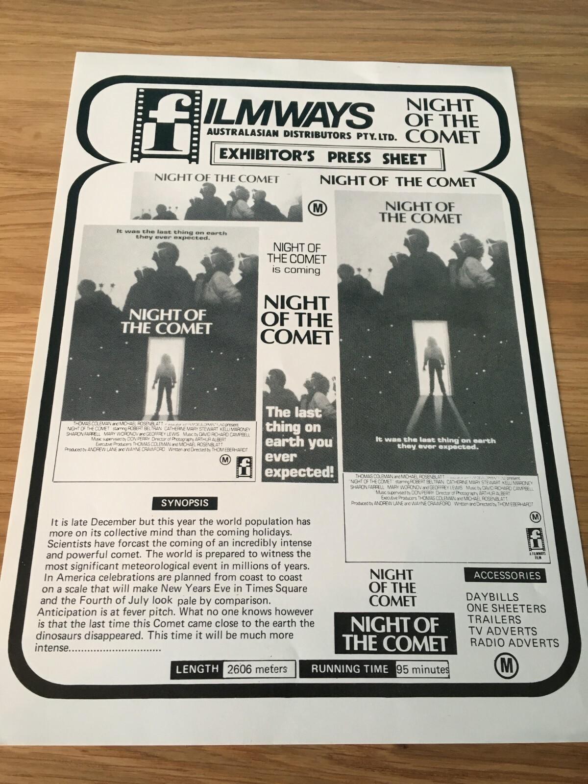 Night of the Comet (1984) Australian Press sheet - Filmways