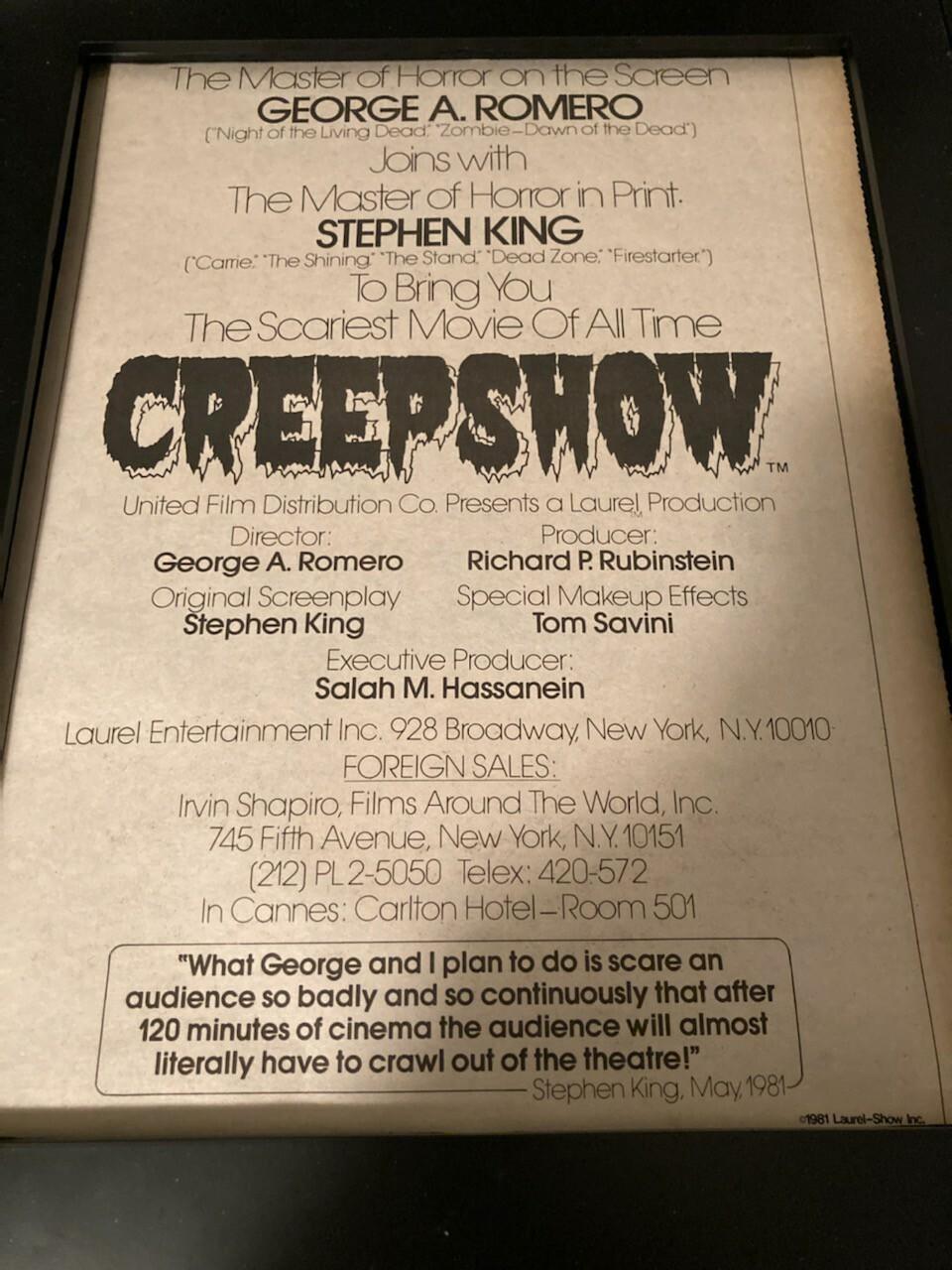 Creepshow Rare Original Cannes Festival Promo Poster Ad Framed!
