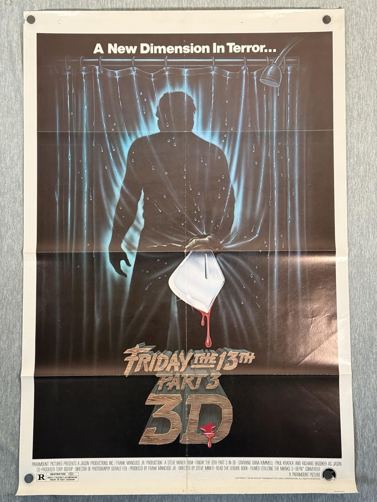 1982 FRIDAY THE 13TH PART III 3D ORIGINAL 27x41 THEATRICAL MOVIE POSTER Folded