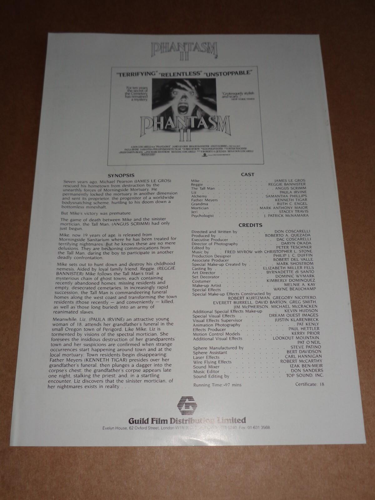 Phantasm II 1988 Horror Film Synopsis/Ad sheet (Reggie Bannister/Angus Scrimm)