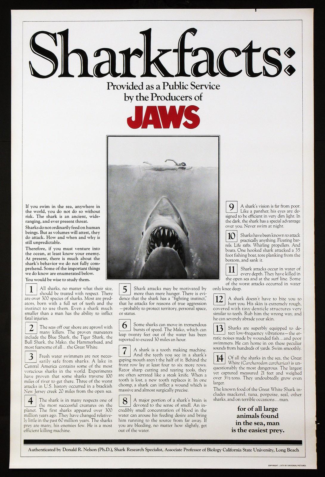 JAWS SPIELBERG SHARK FACTS HORROR RARE 1975 SHARKFACTS 1-SHEET ROLLED