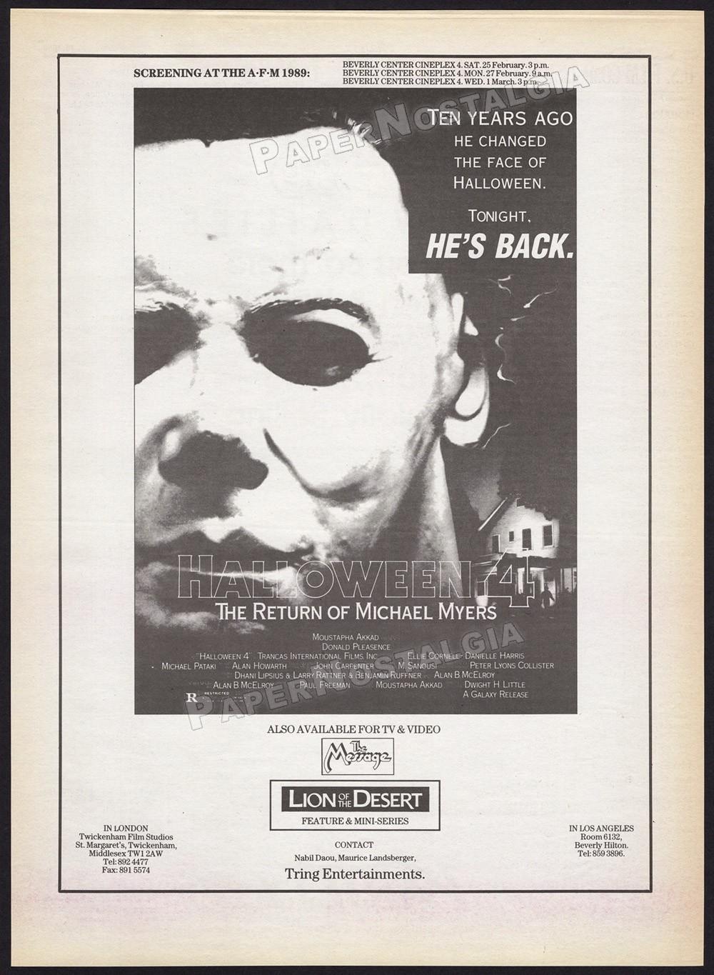 HALLOWEEN 4 - Original 1989 Trade AD / poster _ The Return of Michael Myers