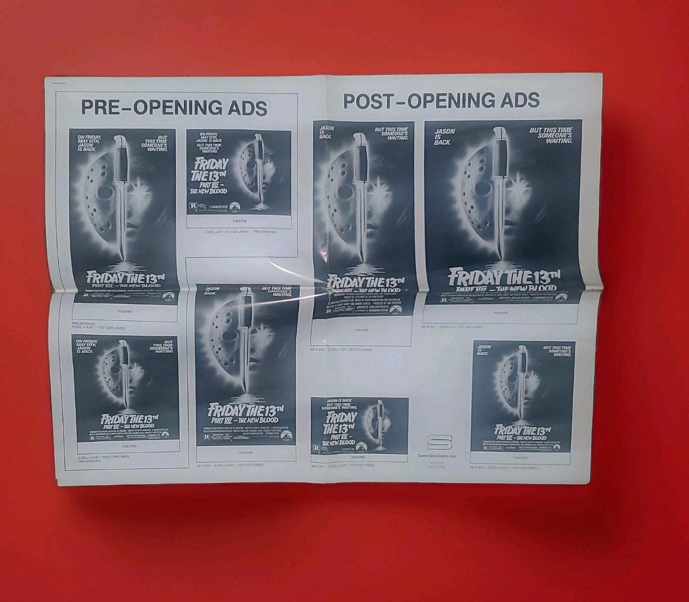 1988 "FRIDAY THE 13TH PART 7: THE NEW BLOOD" 2 Page 17 X 23 THEATER AD SHEETS
