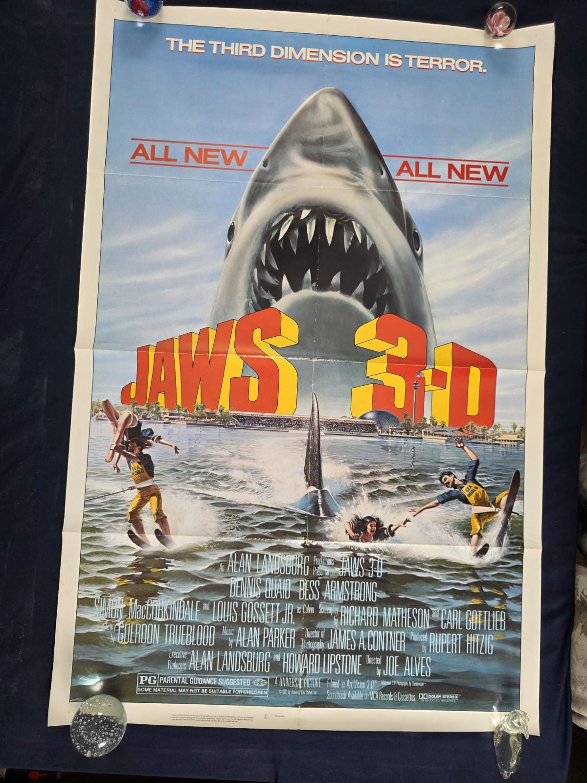 Vintage JAWS 3D Original Movie Poster One Sheet 1982 Great White Shark Horror