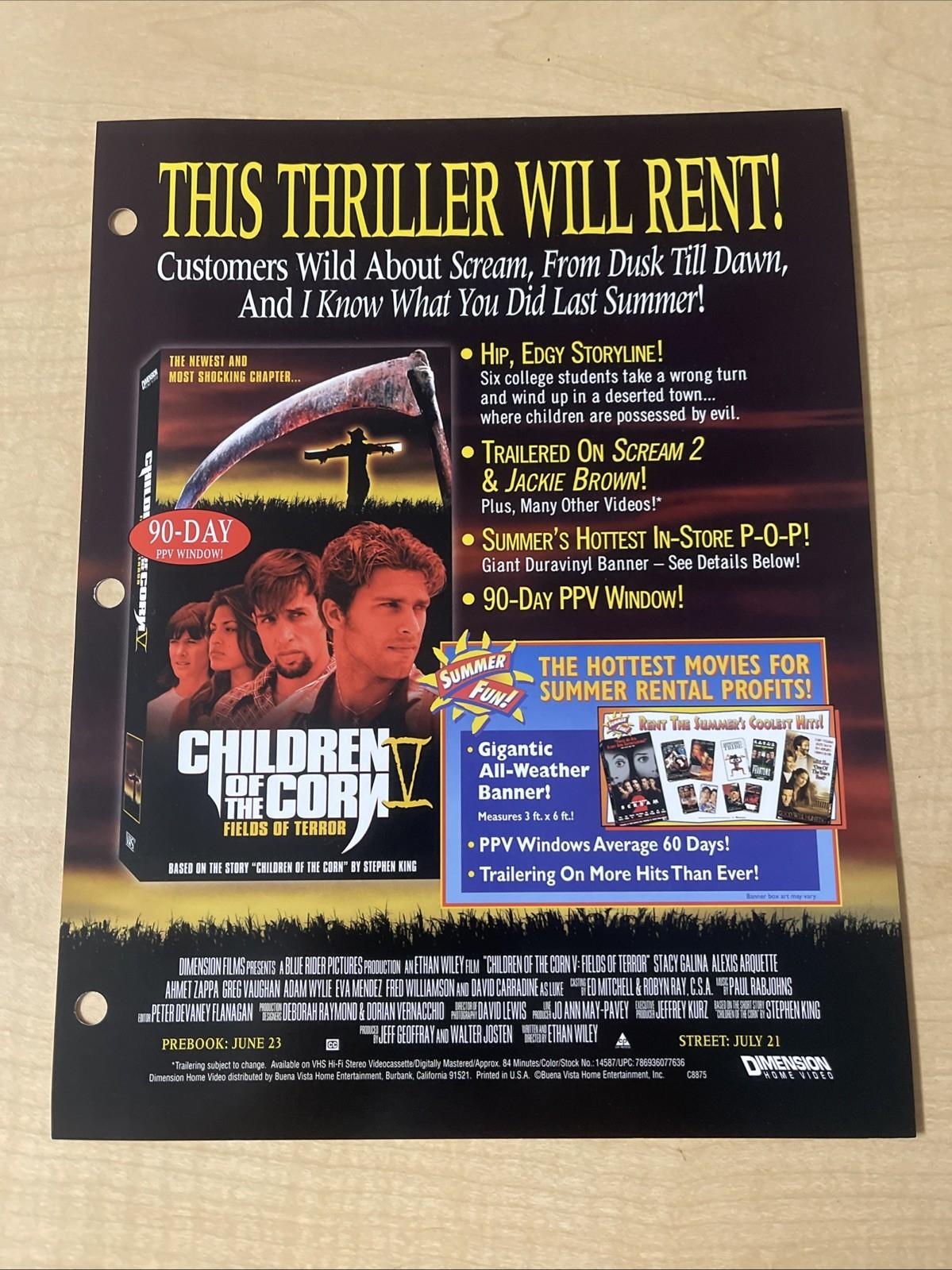 Children Of The Corn V Original Press Kit Sheet 8.5x11” Home Video 1998 CV JD