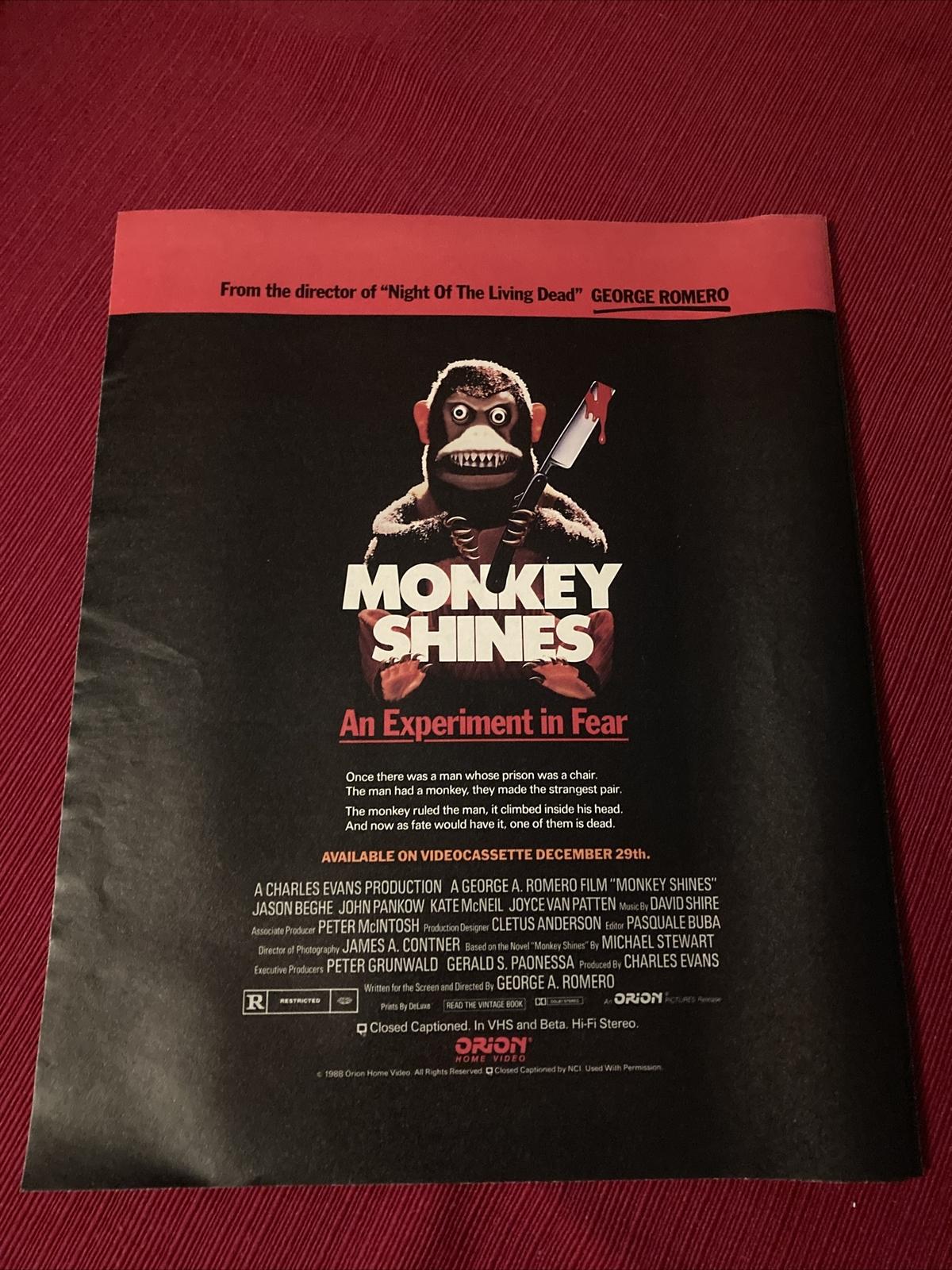 Monkey Shines Movie An Experiment In Fear 1988 Print Ad - Great to Frame!