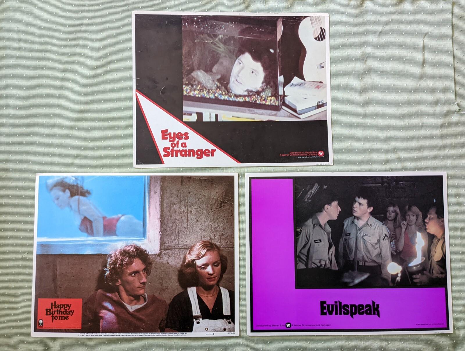 '80s Slasher Horror vintage Lobby Cards Lot of 3 Evilspeak Happy Birthday Eyes