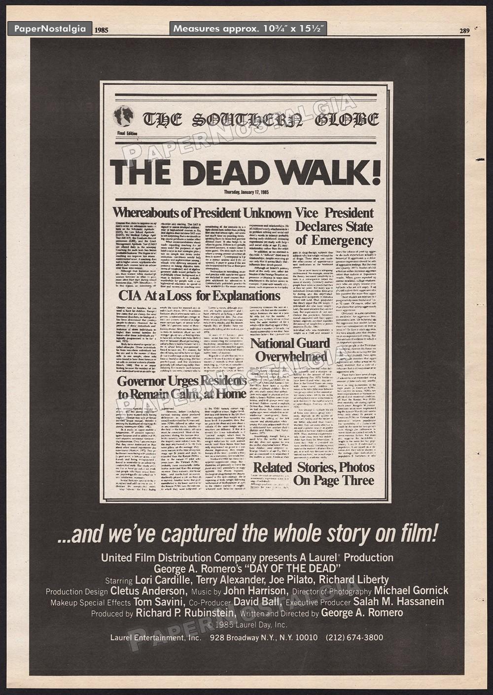 DAY OF THE DEAD _THE DEAD WALK! – Original 1985 Trade AD / poster / newspaper ad