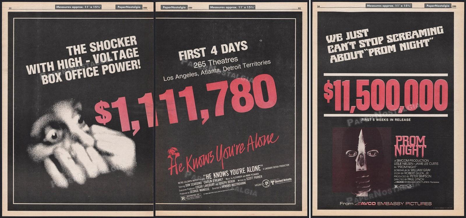 PROM NIGHT / HE KNOWS YOU'RE ALONE – Original 1980 Trade AD / 3pg promo / poster
