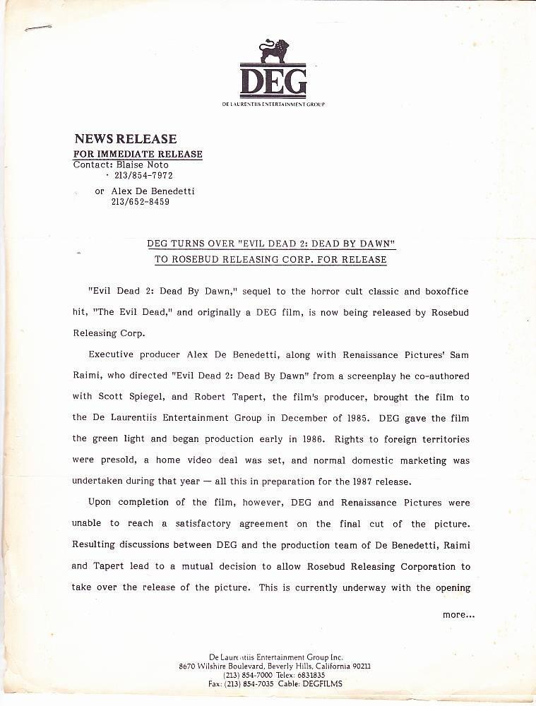 EVIL DEAD 2 DEAD BY DAWN vintage 1987 press release & photocopies of interviews.