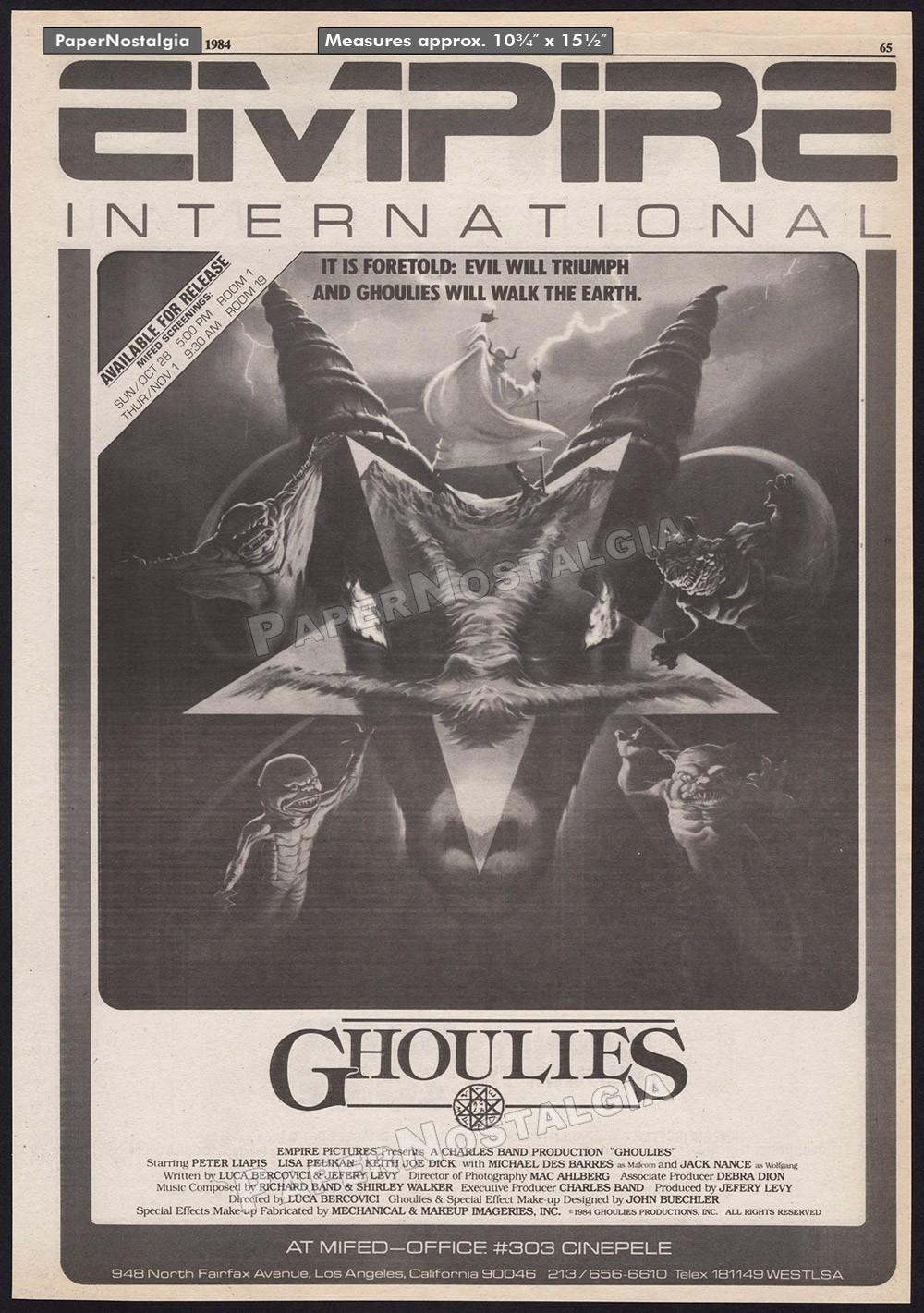 GHOULIES – Original 1984 Trade AD / screening promo / poster – Charles Band