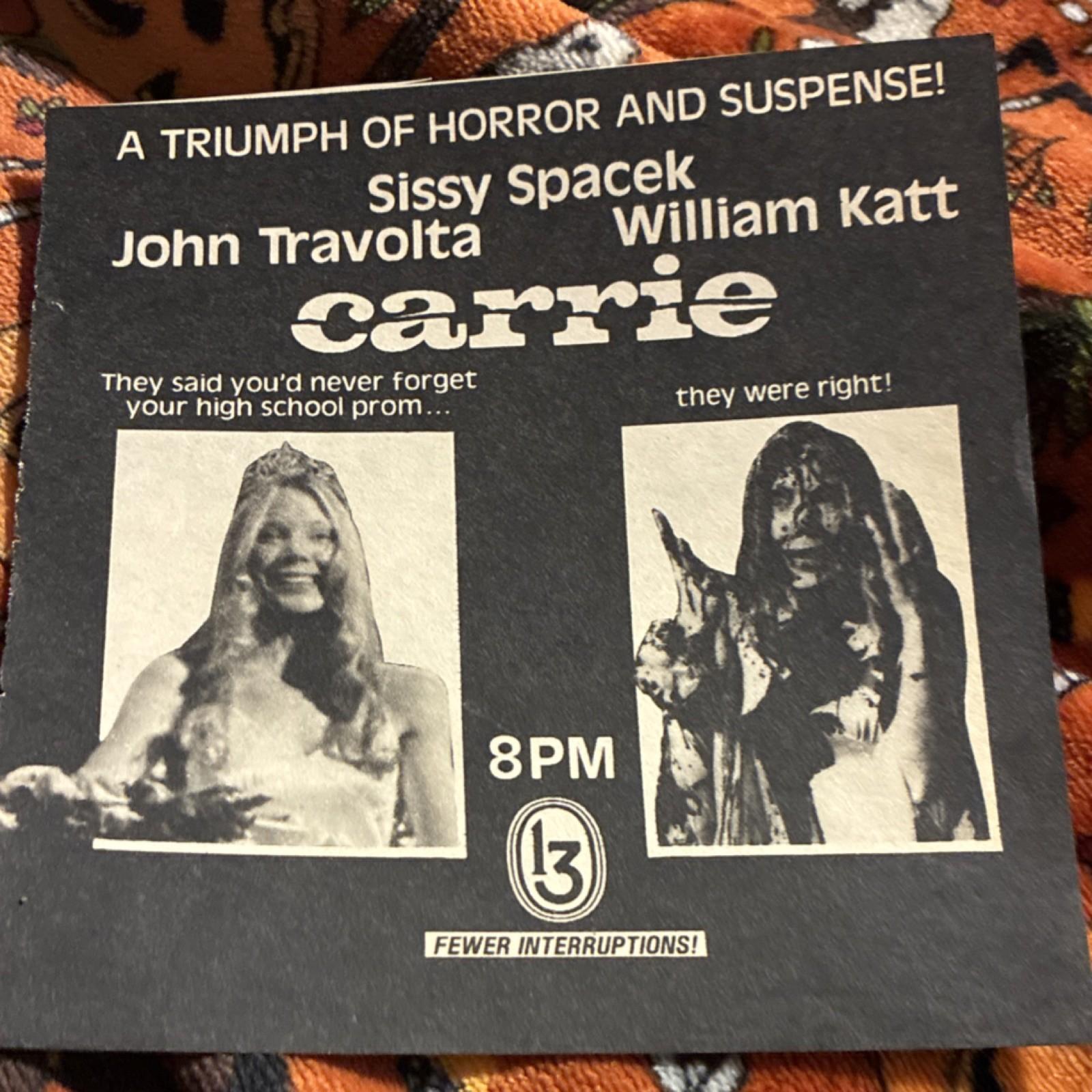 Carrie tv guide ad 1976 Sissy Spacek John Travolta William Katt Horror Movie