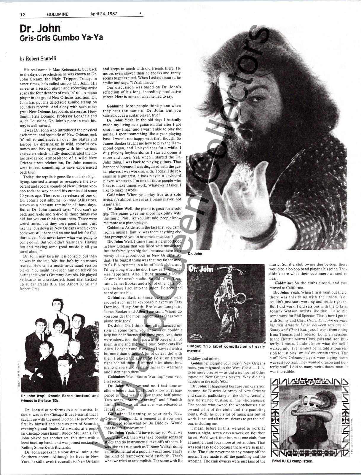 Dr. John 1987 Original Alligator Press Kit Biography Sheet Gris-Gris Gumbo Ya-Ya