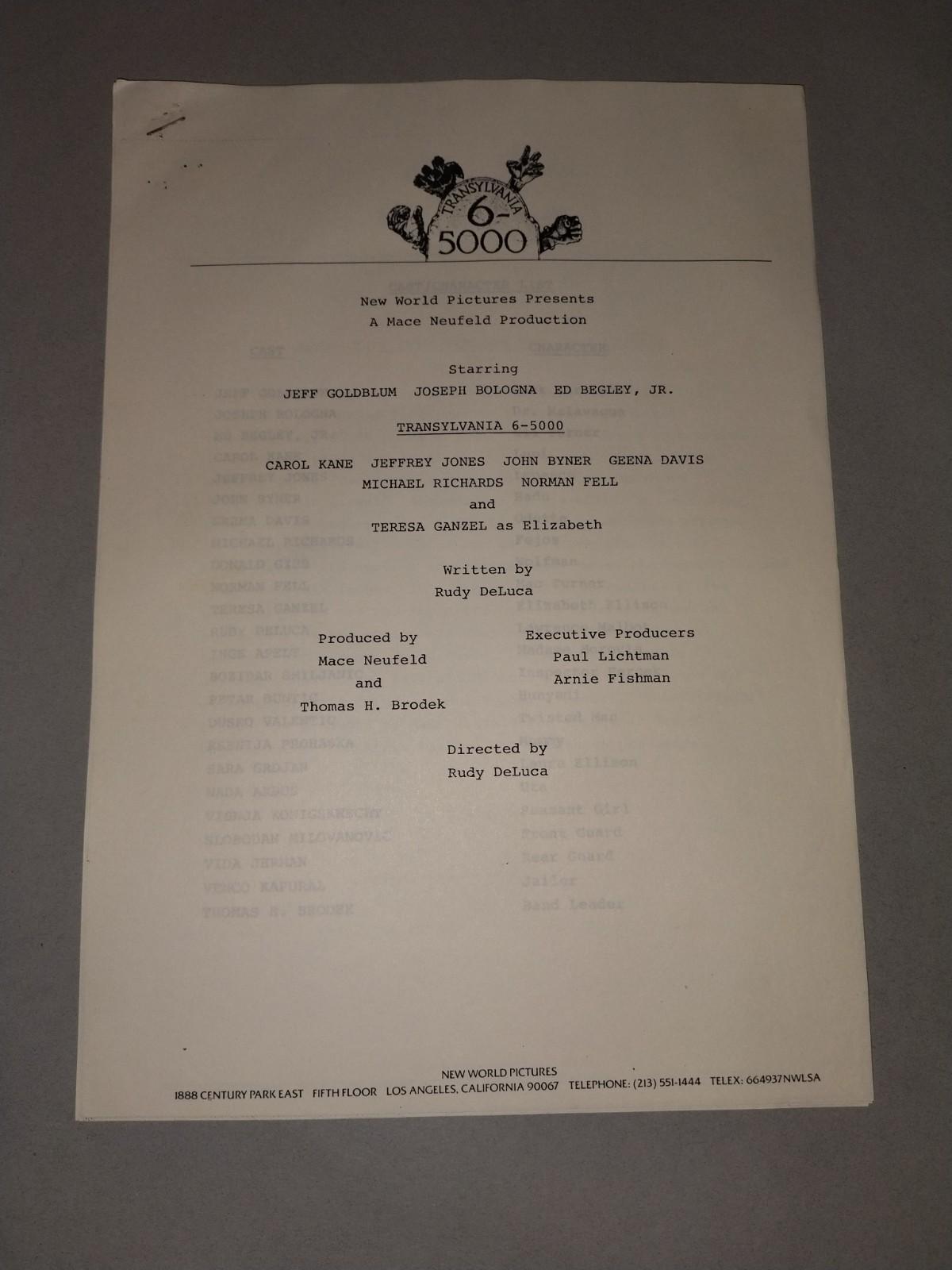 1985 Transylvania 6-5000 Jeff Goldblum Geena Davis Original Press Kit 5pc