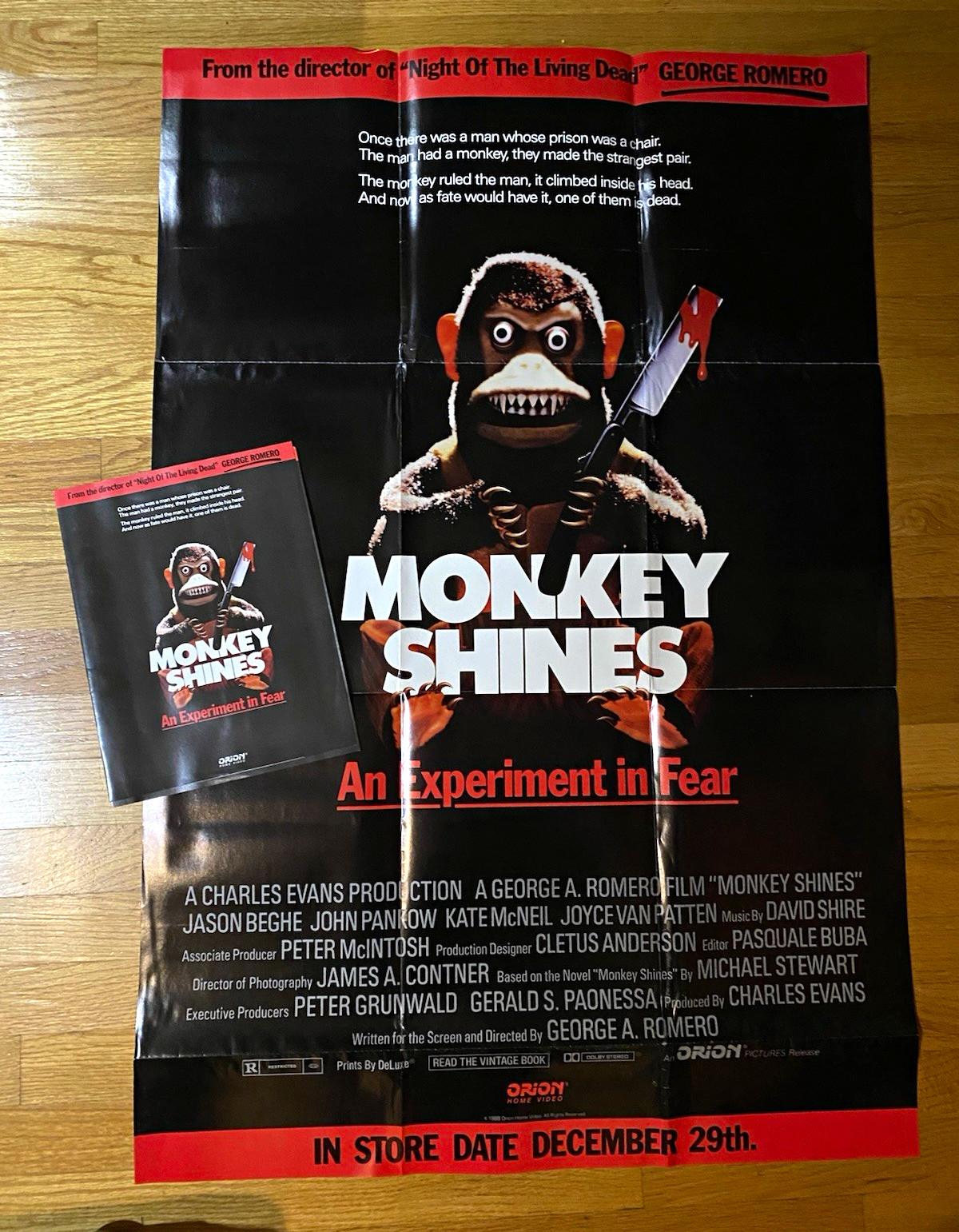original 1988 movie promo poster Monkey Shines 26x40 in and promo packet