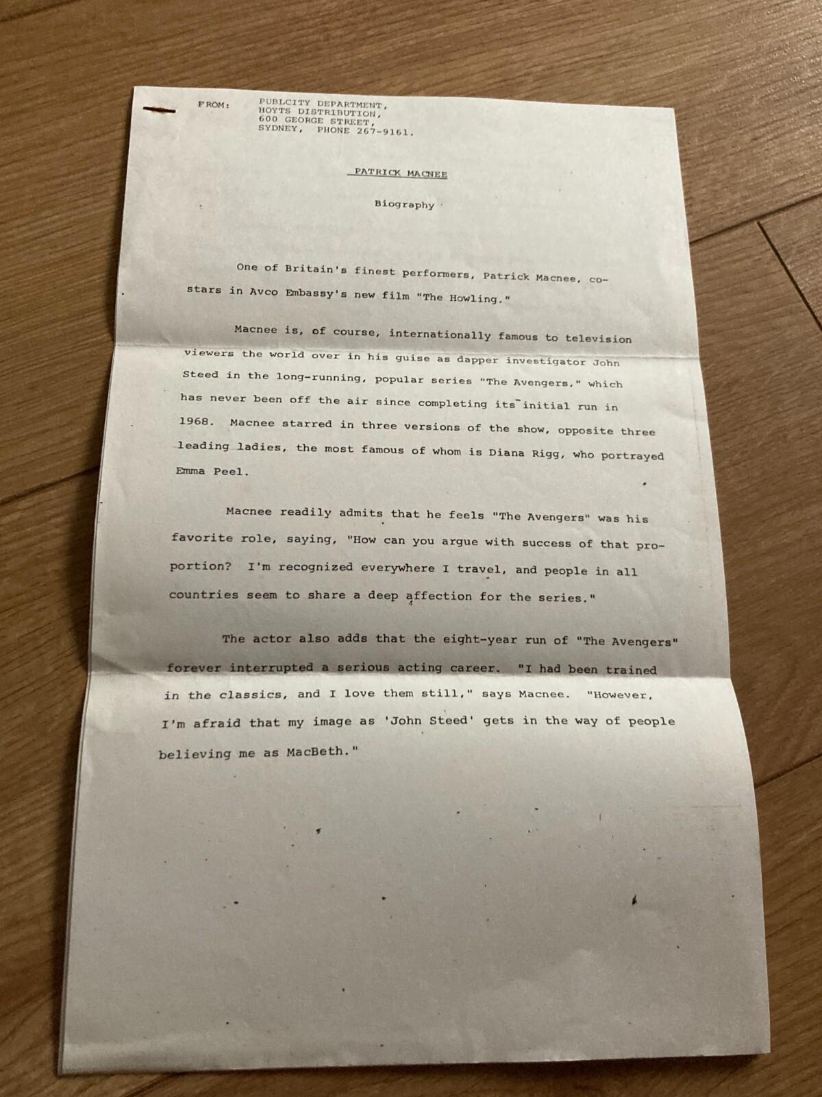 Patrick Macnee - rare 1981 biography issued to journalists. The Howling,Avengers