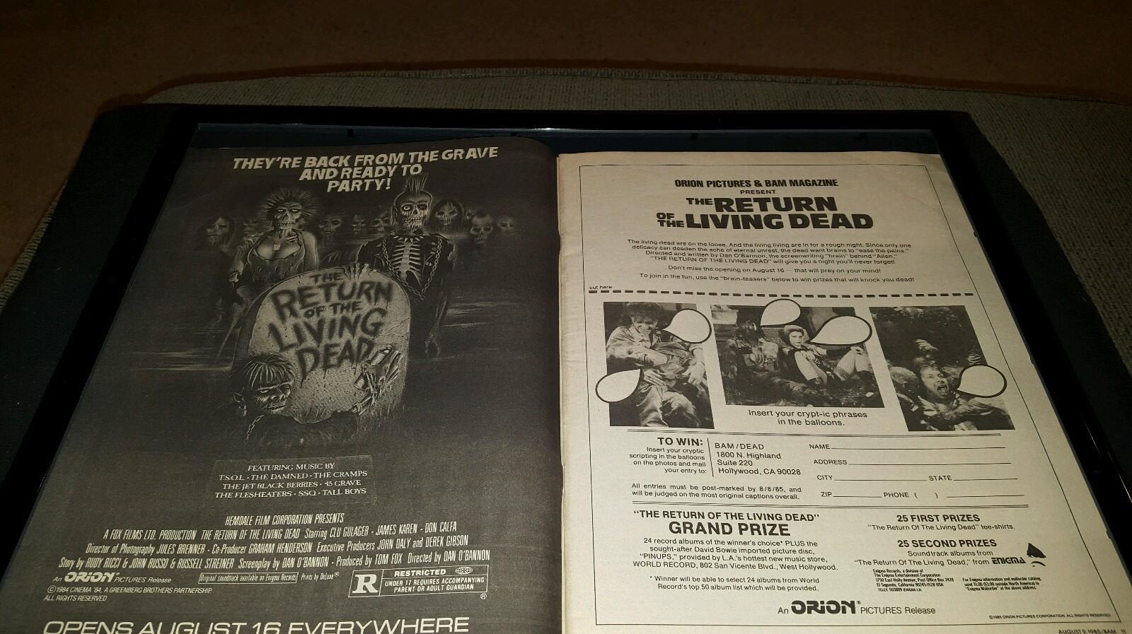 Return Of The Living Dead Rare Original Contest Promo Poster Ad Framed!
