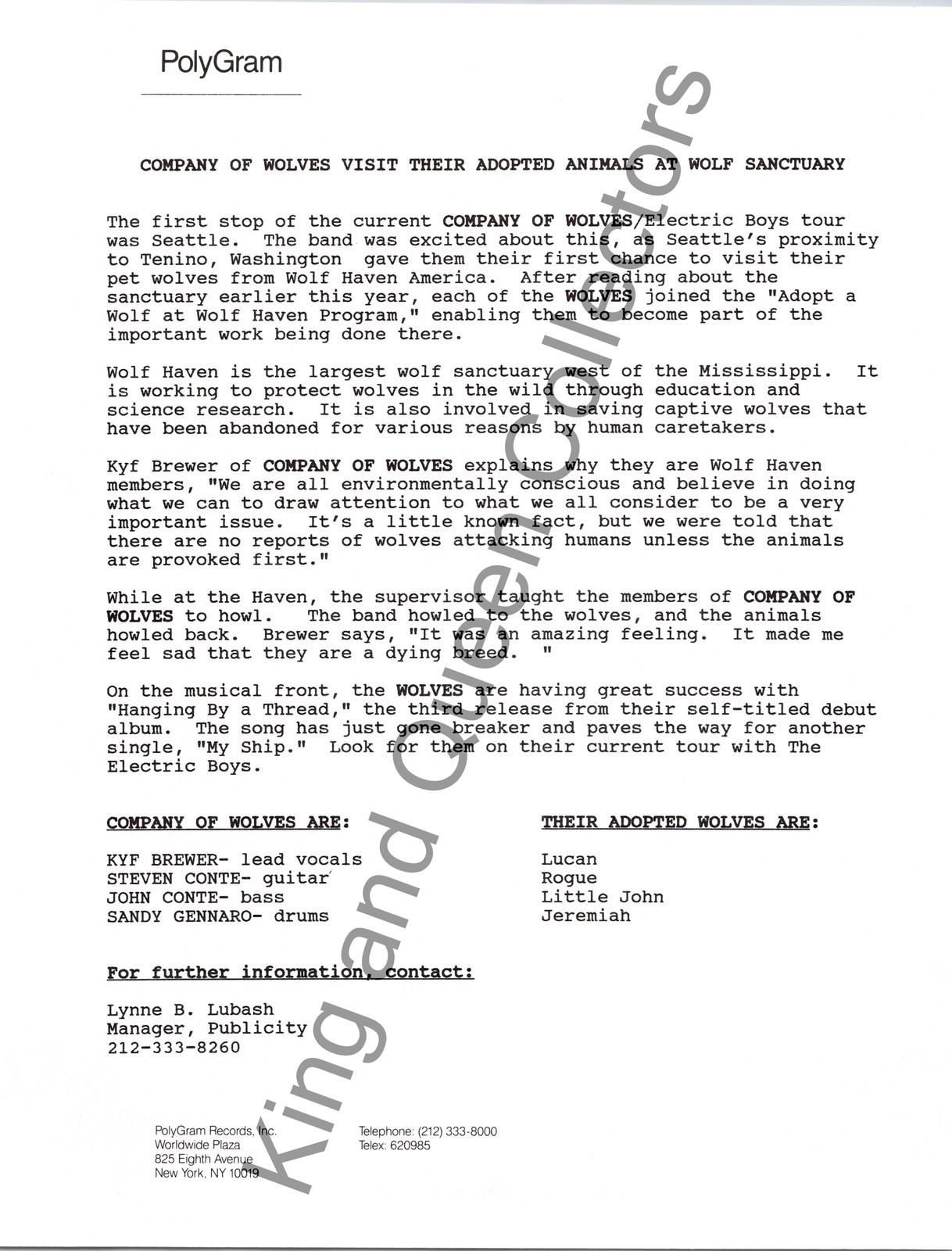 Company of Wolves Original PolyGram Records, Inc Press Kit Press Release