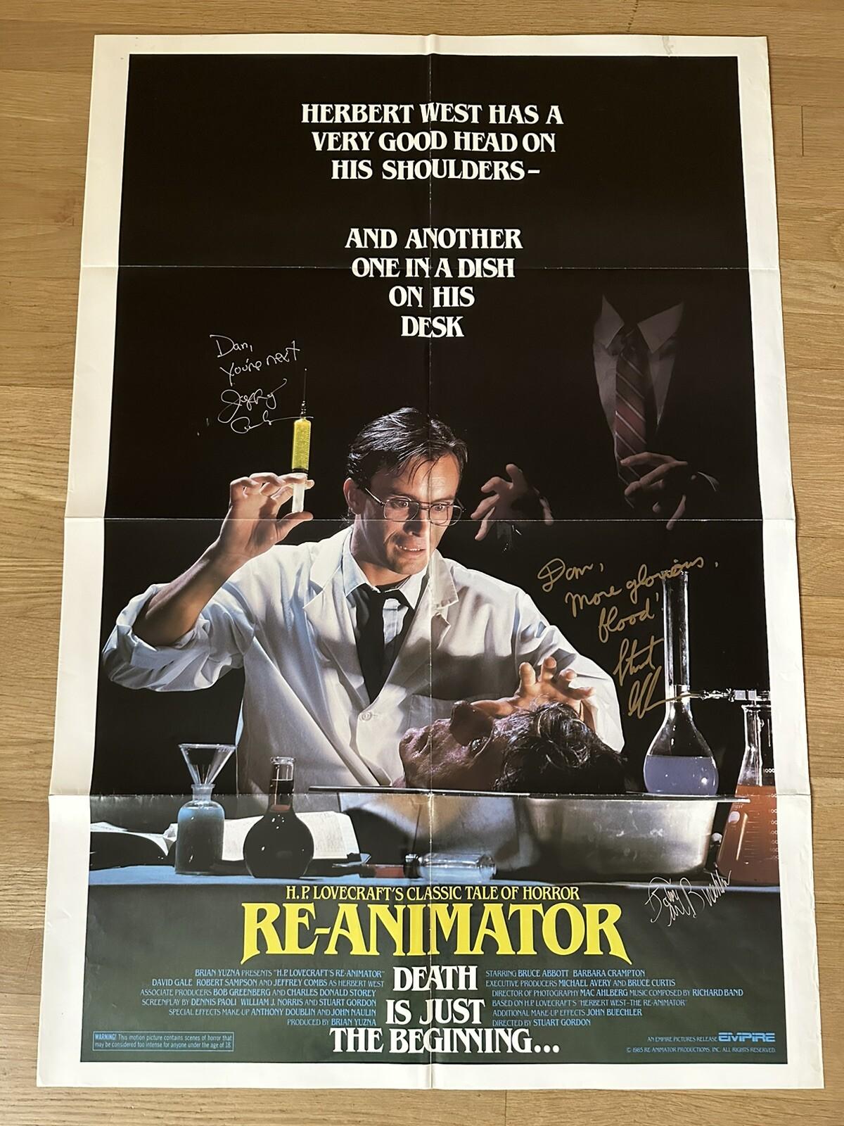 RE-ANIMATOR 1985 OG 1 Sheet Folded Horror movie poster SIGNED by 3 Style A OOP