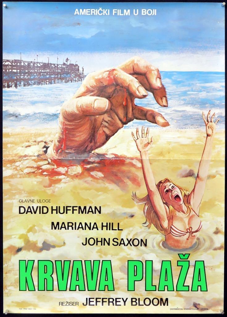 R188     BLOOD BEACH Yugoslavian 1980 huge hand & sexy girl in bikini sinking