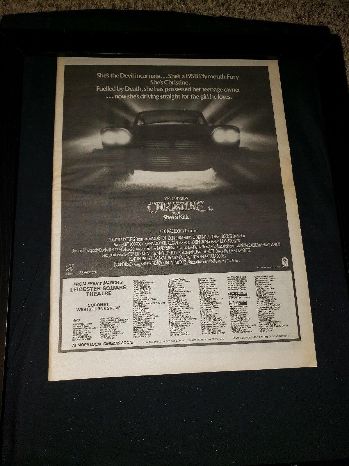 John Carpenter's Christine Rare Original UK Promo Poster Ad Framed!